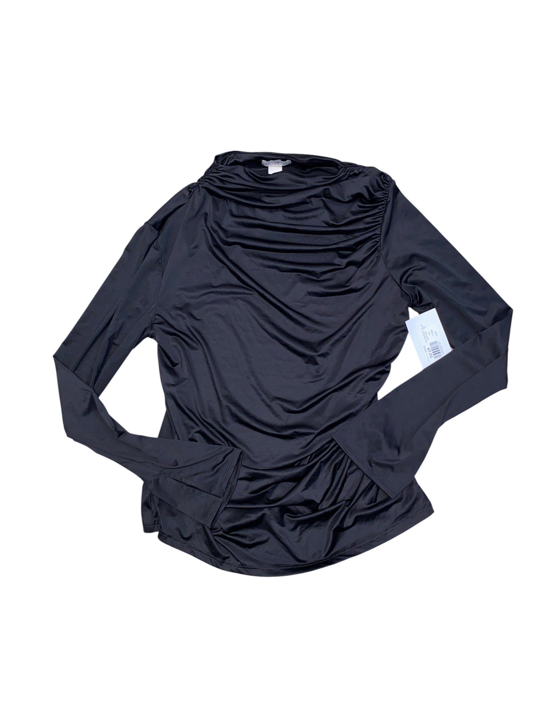 black h&m high neck ruched ls top, L