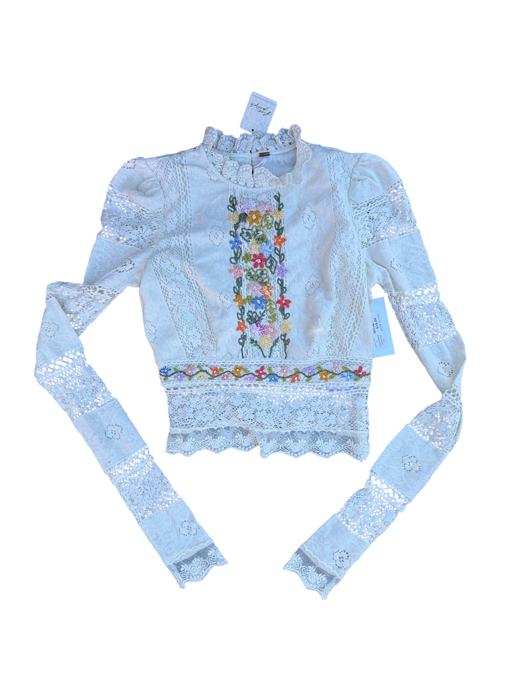 white multi free people ls embroidered flower top, xs
