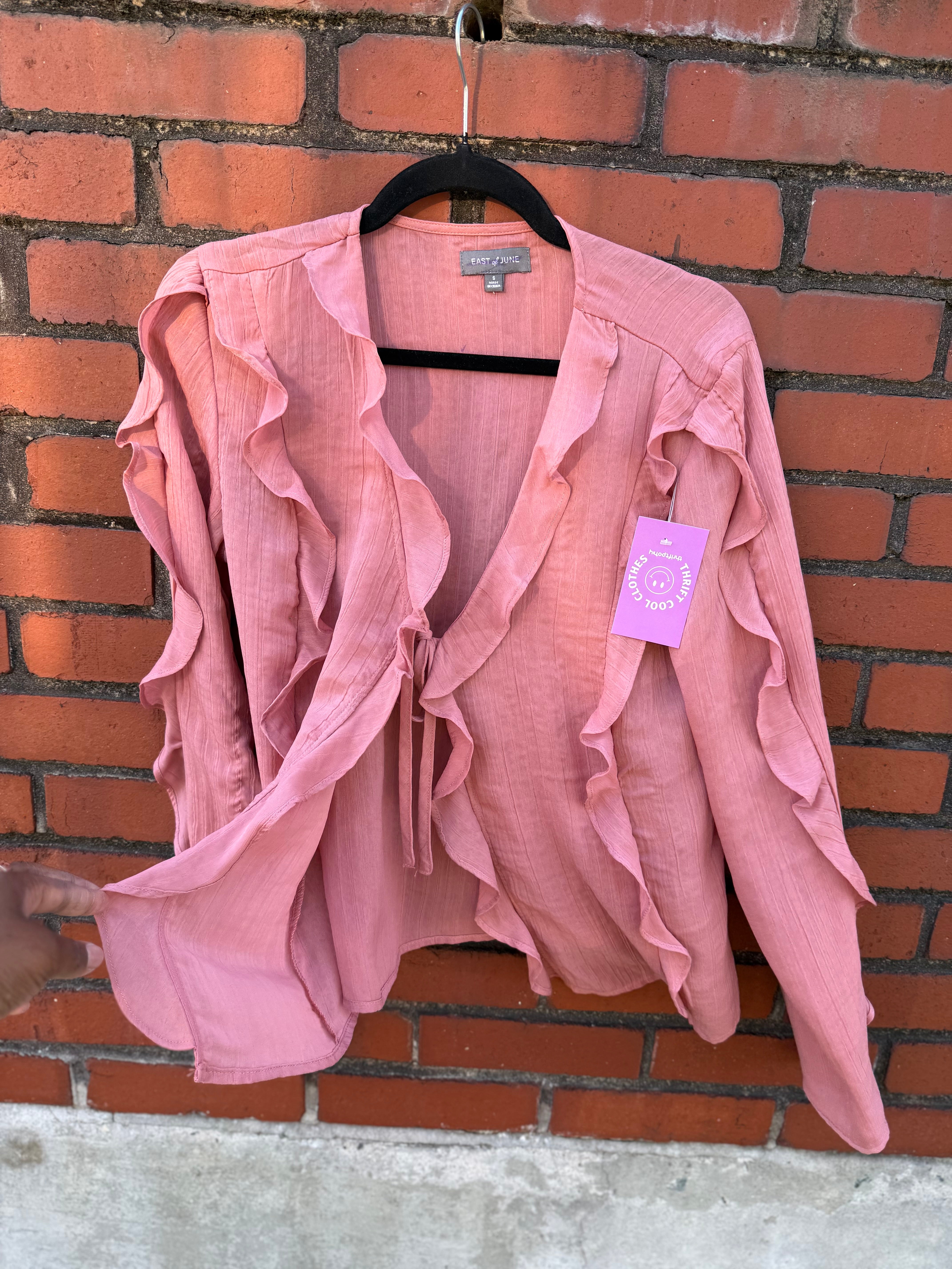 pink east of june ruffle tie front ls blouse, s