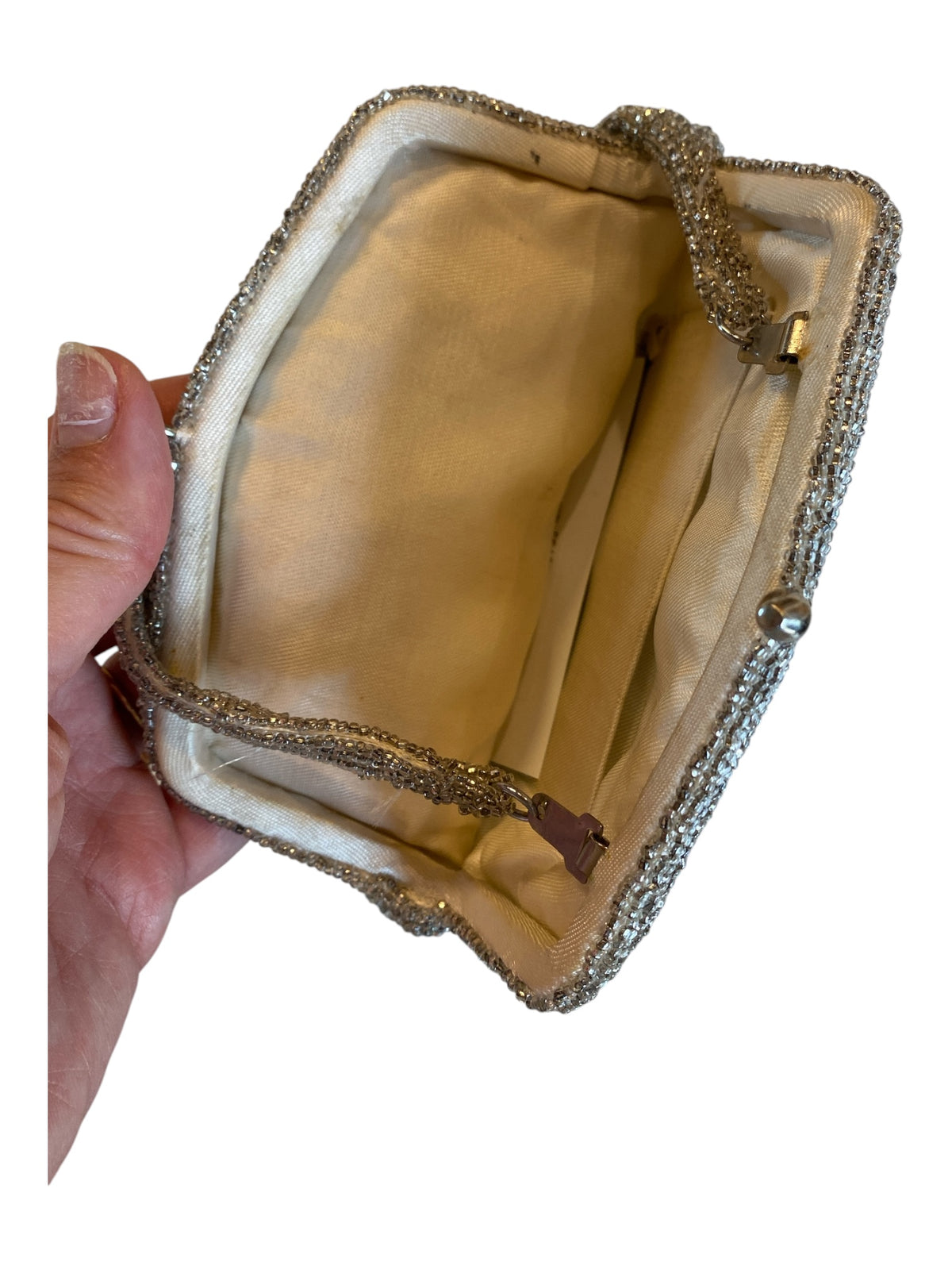 silver  vtg 80s beaded clasp bag