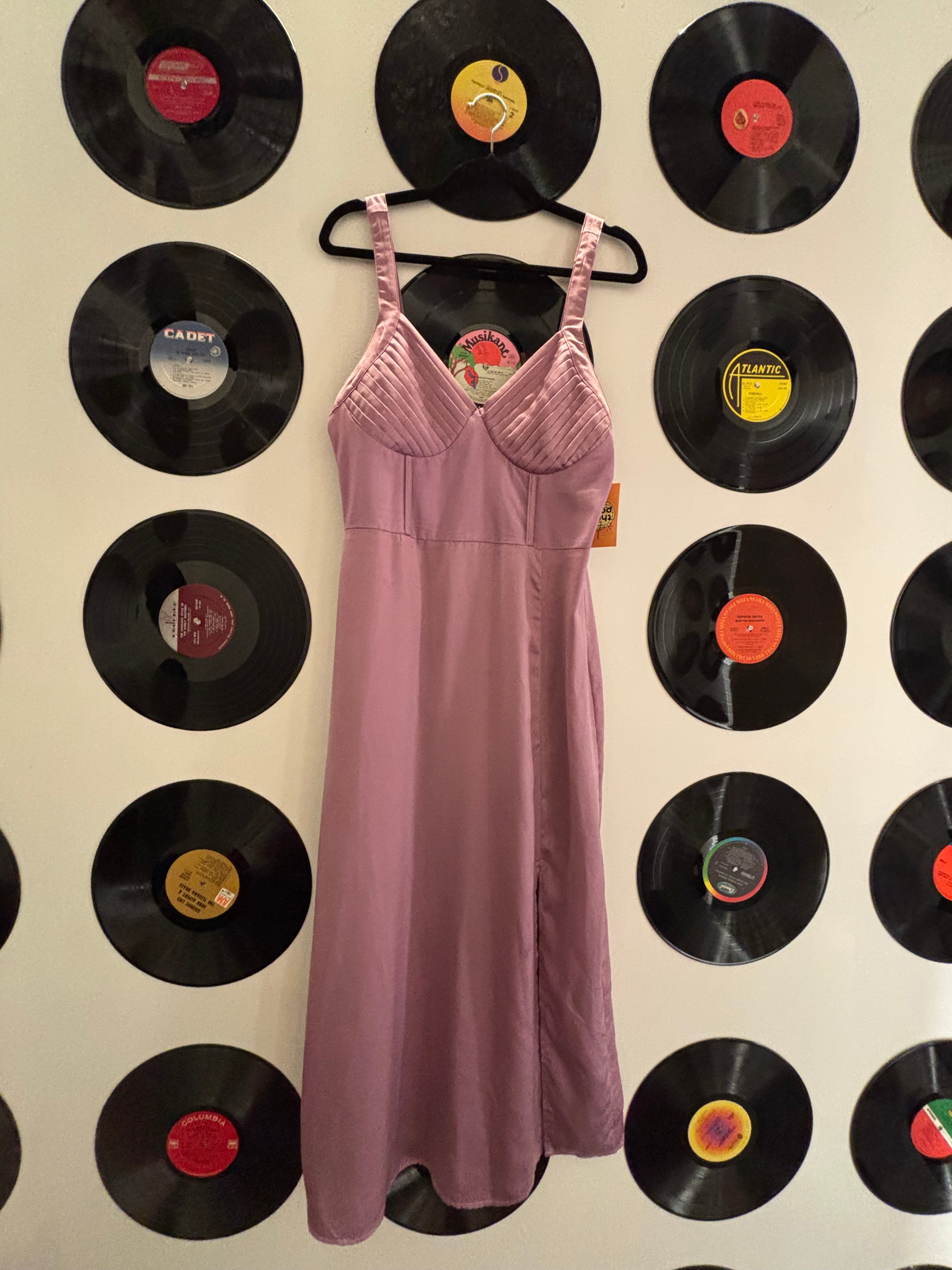 purple big water blue sky pleated satin cami long dress, m