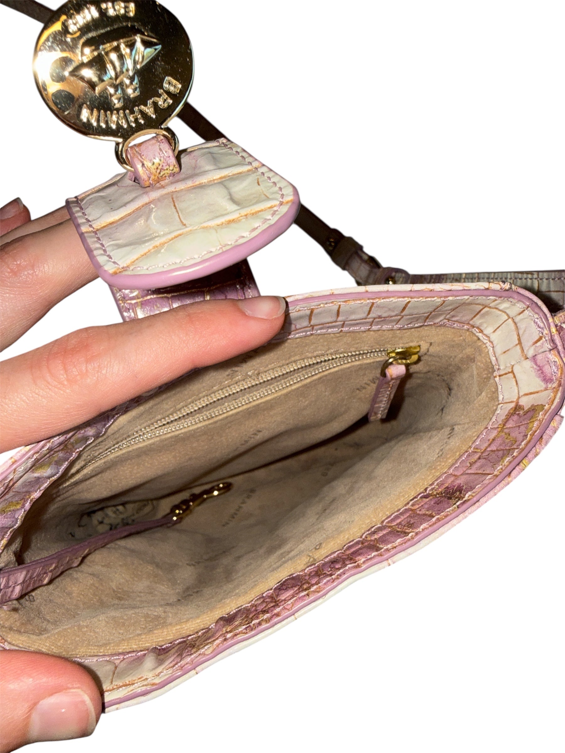 pink brahmin pleather snakeprint shoulder bag