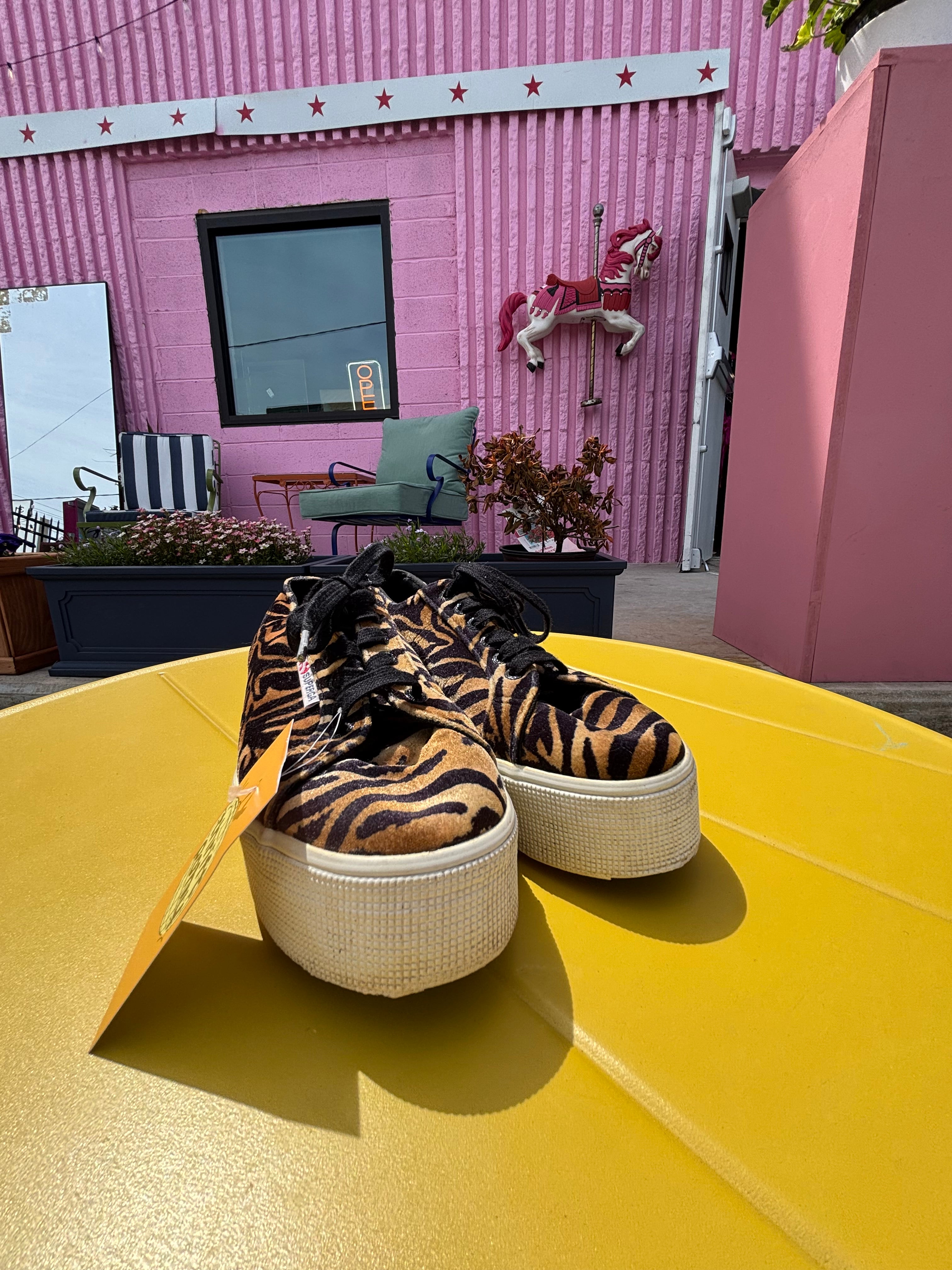 Brown black Superga Platform velour tiger print heels, 6.5