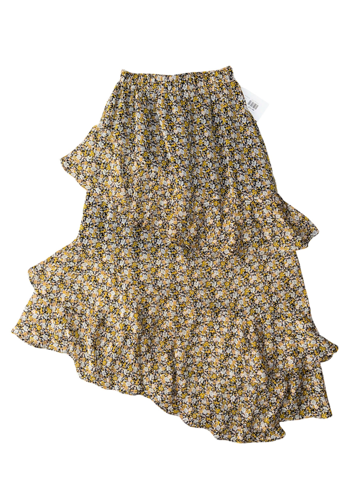 yellow navy minkpink floral tiered midi skirt, s