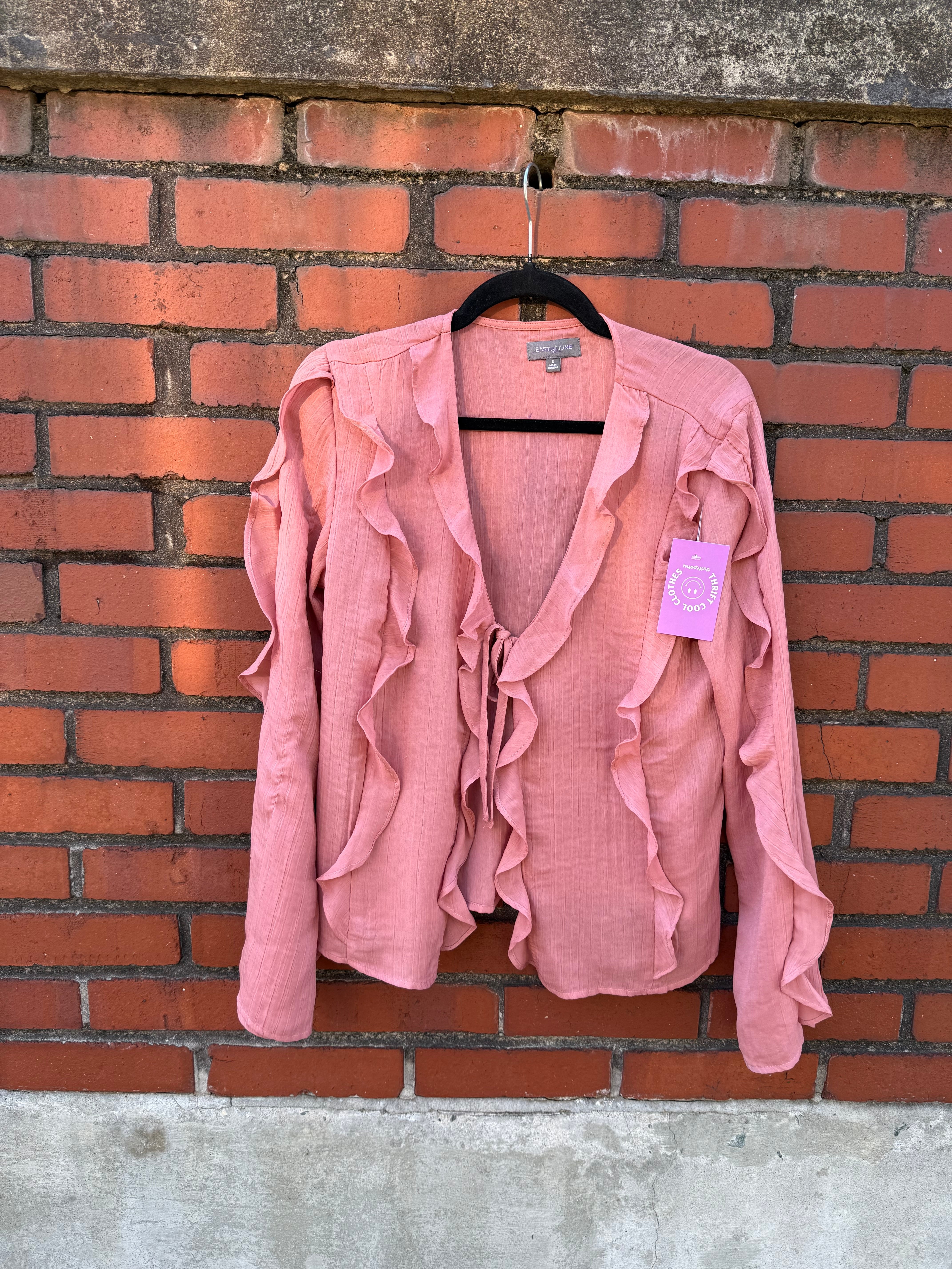 pink east of june ruffle tie front ls blouse, s