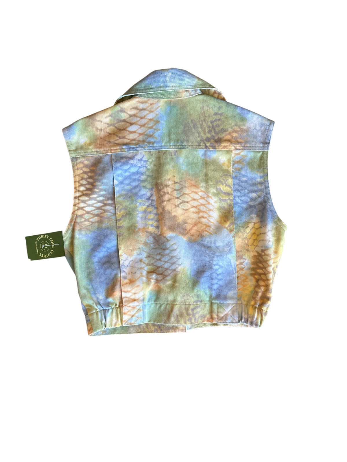 yellow blue green opal by lorraine wardy vtg snakeprint denim vest, XS