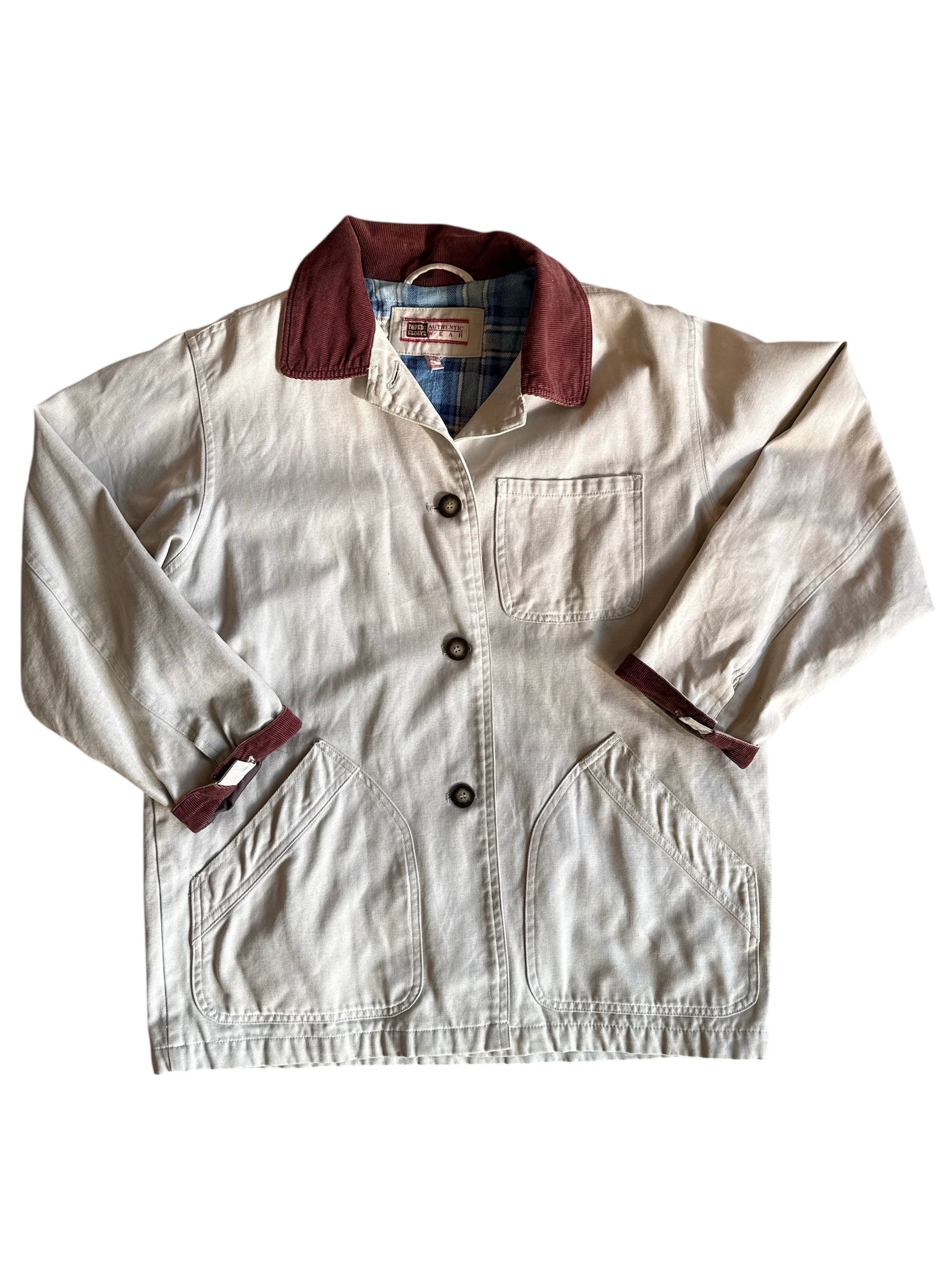 tan brown faded glory barn jacket w cord collar, s