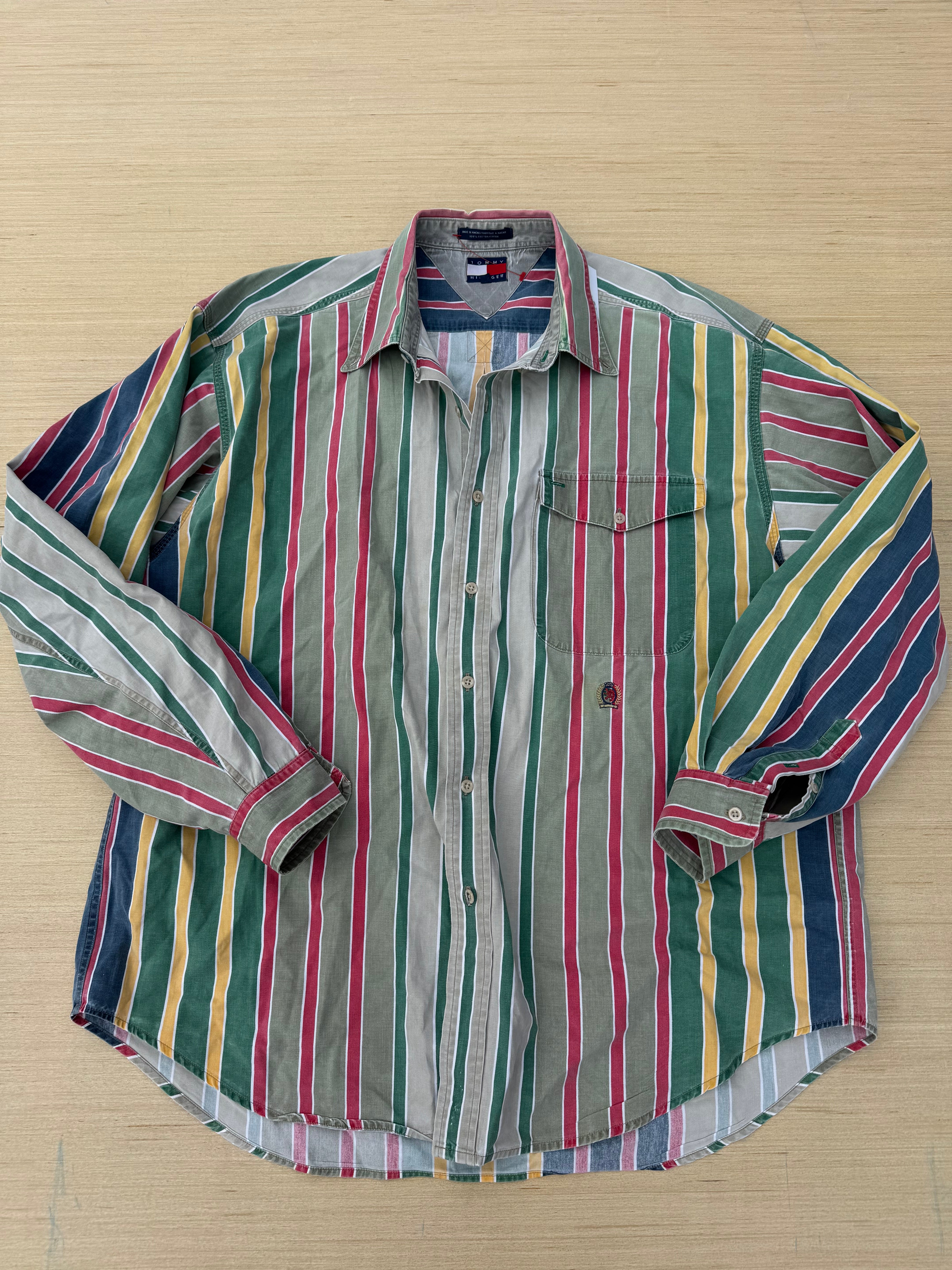 green tommy hilifger stripped button down, xl