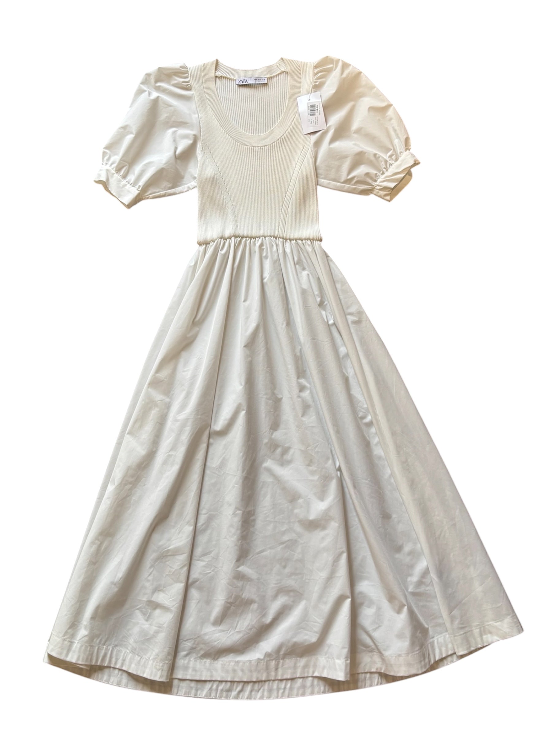 white zara ribbed puffy ss long dress, s