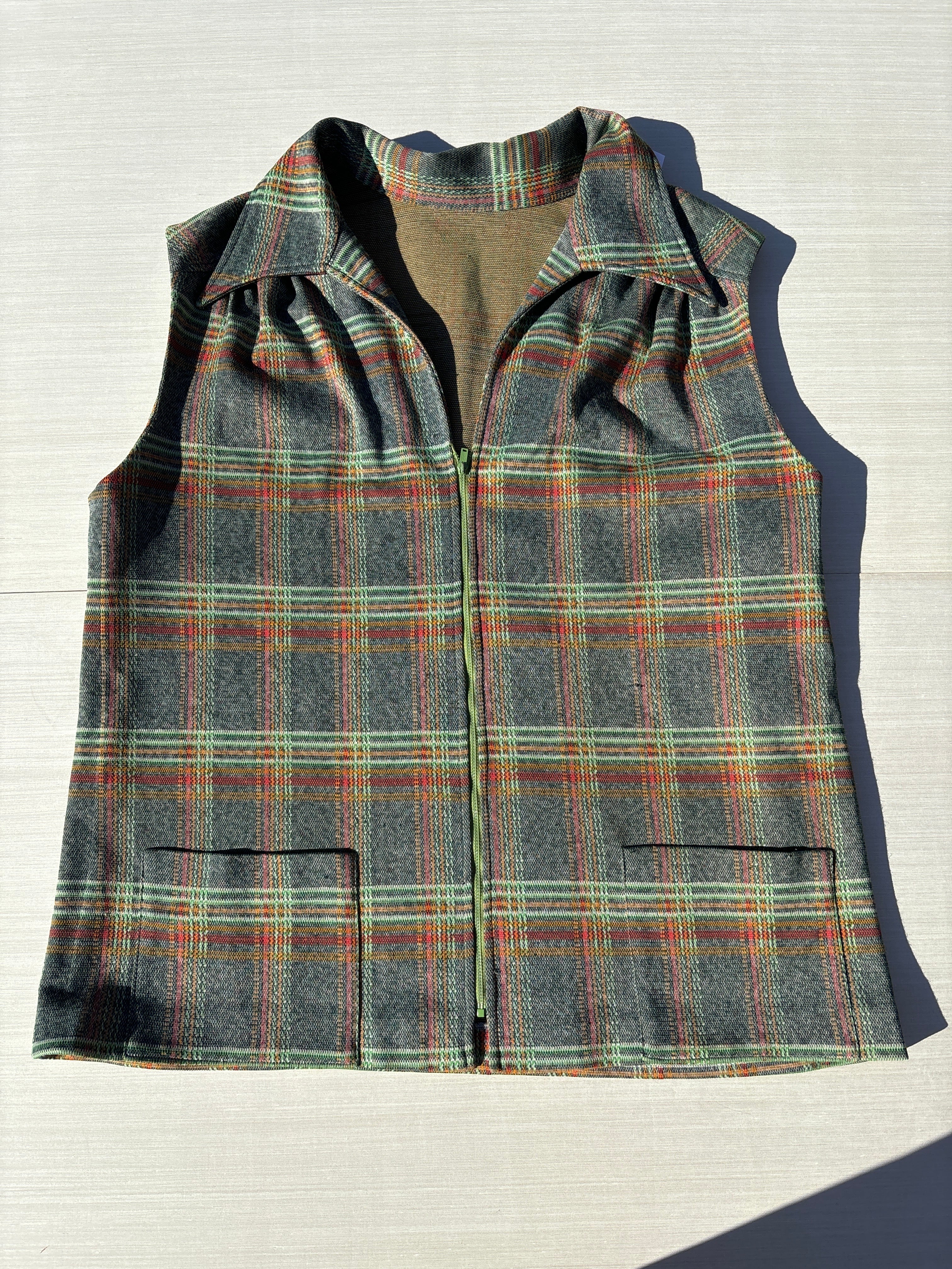 green 70s plaid collar vest
