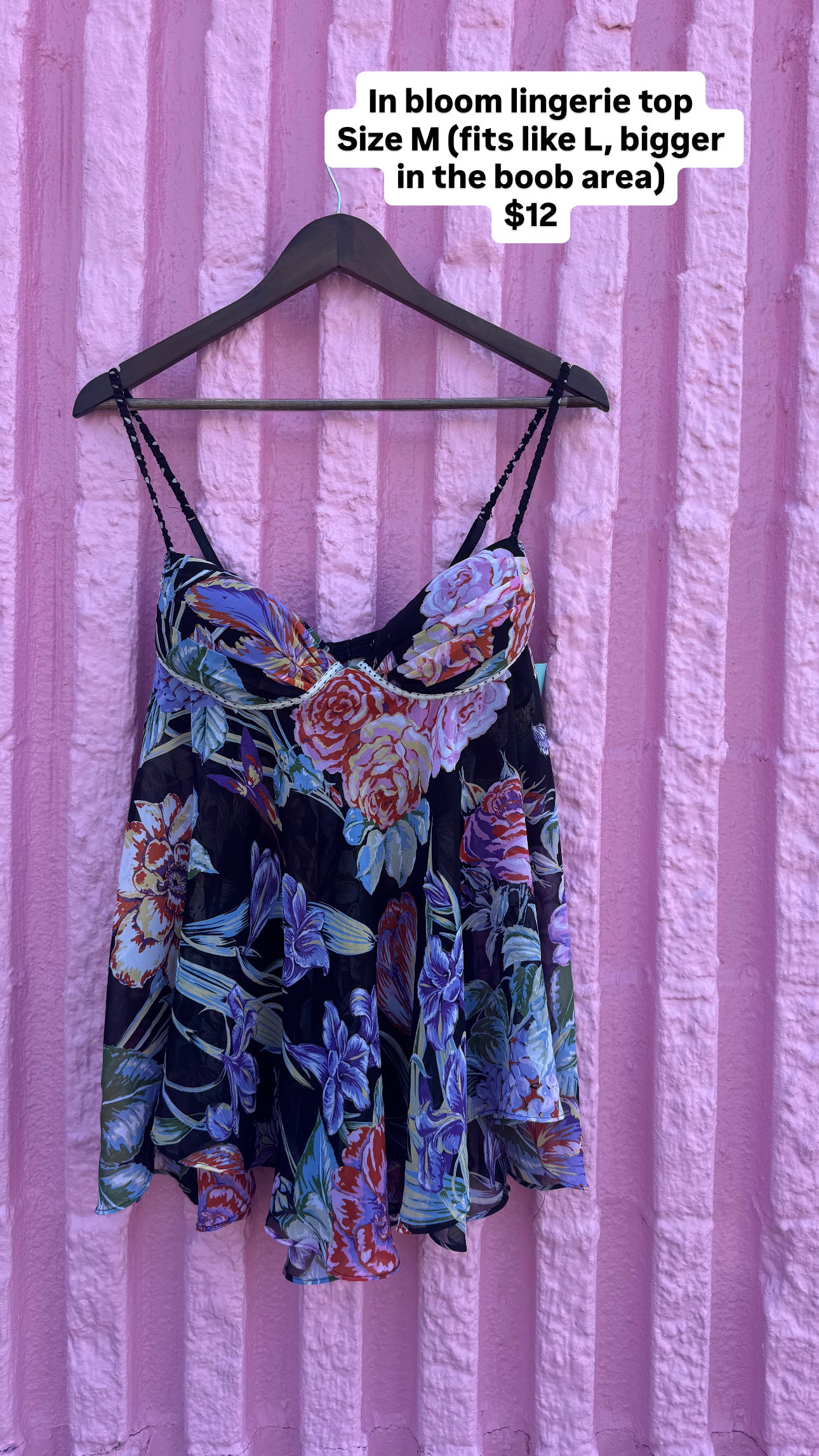 black purple in bloom lingerie floral top, m