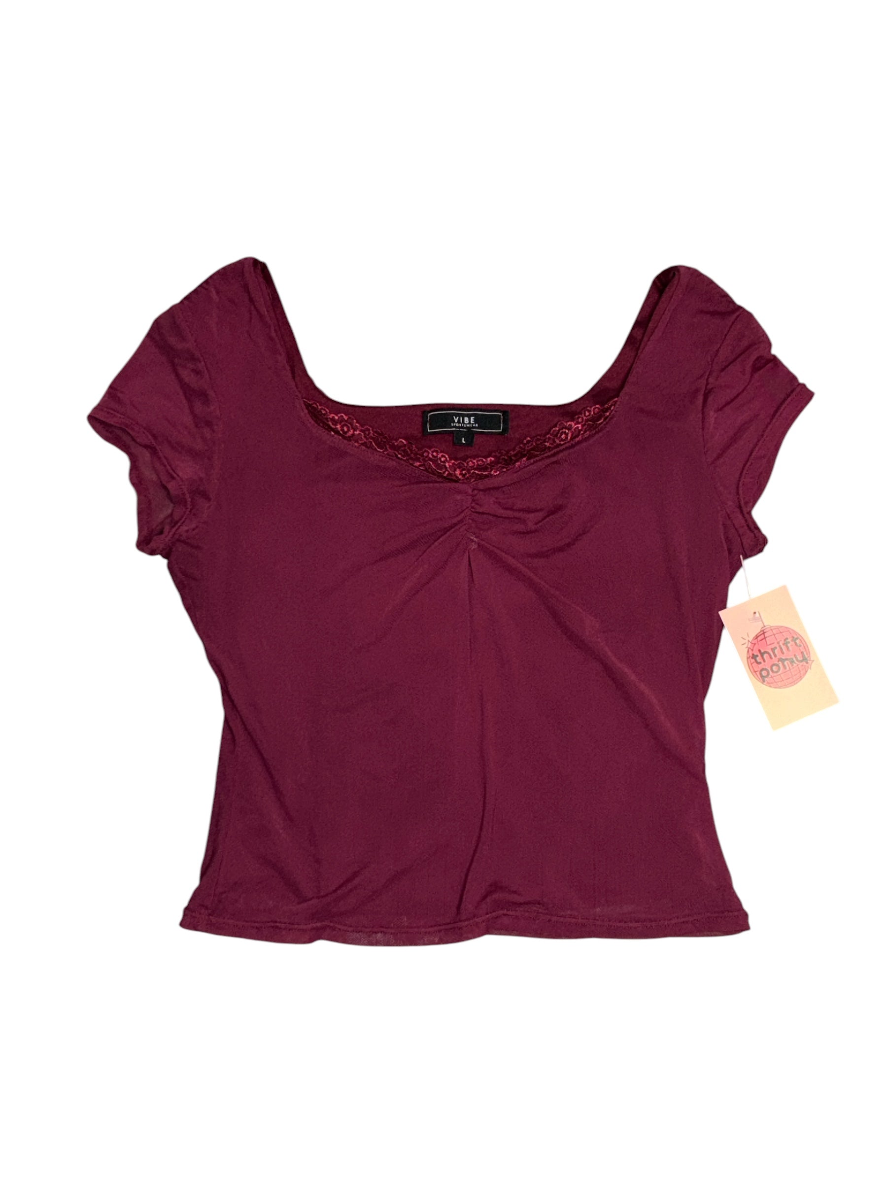 burgundy Vibe sportswear ruched lace trim mesh ss, l