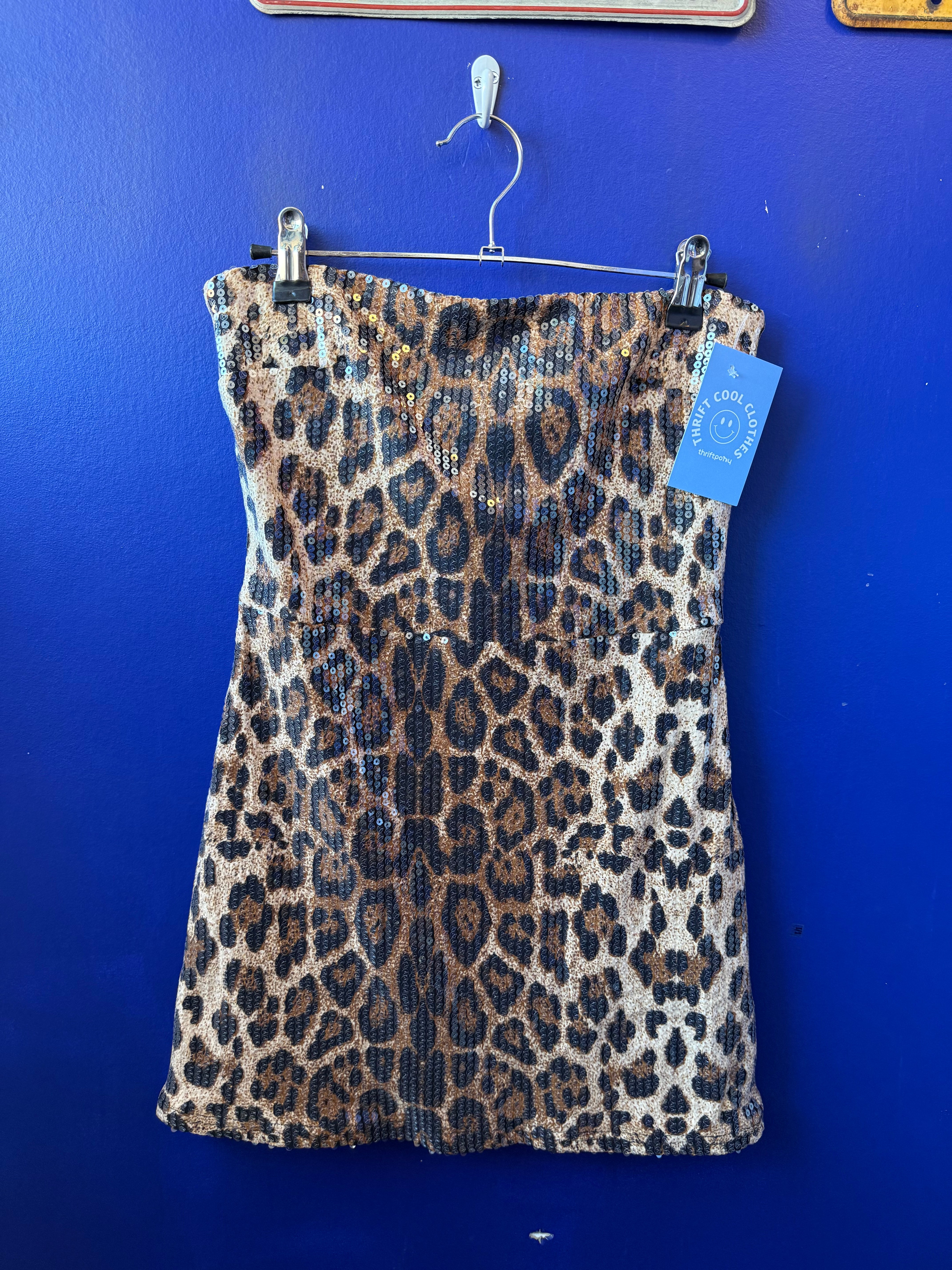 brown black Edikted leopard sequin strapless mini dress, m