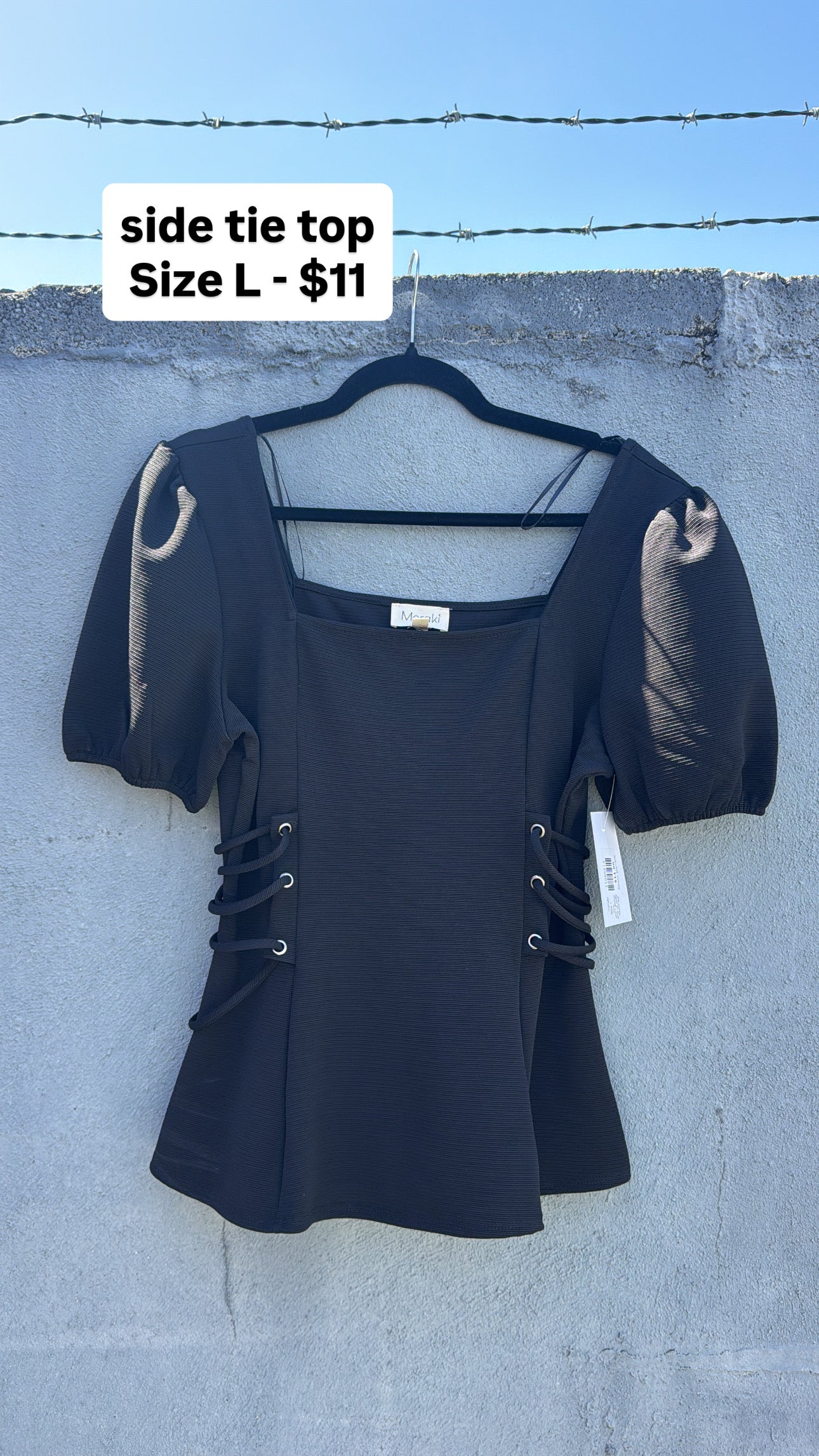 black meraki short sleeve lace up puffy sleeve top, l