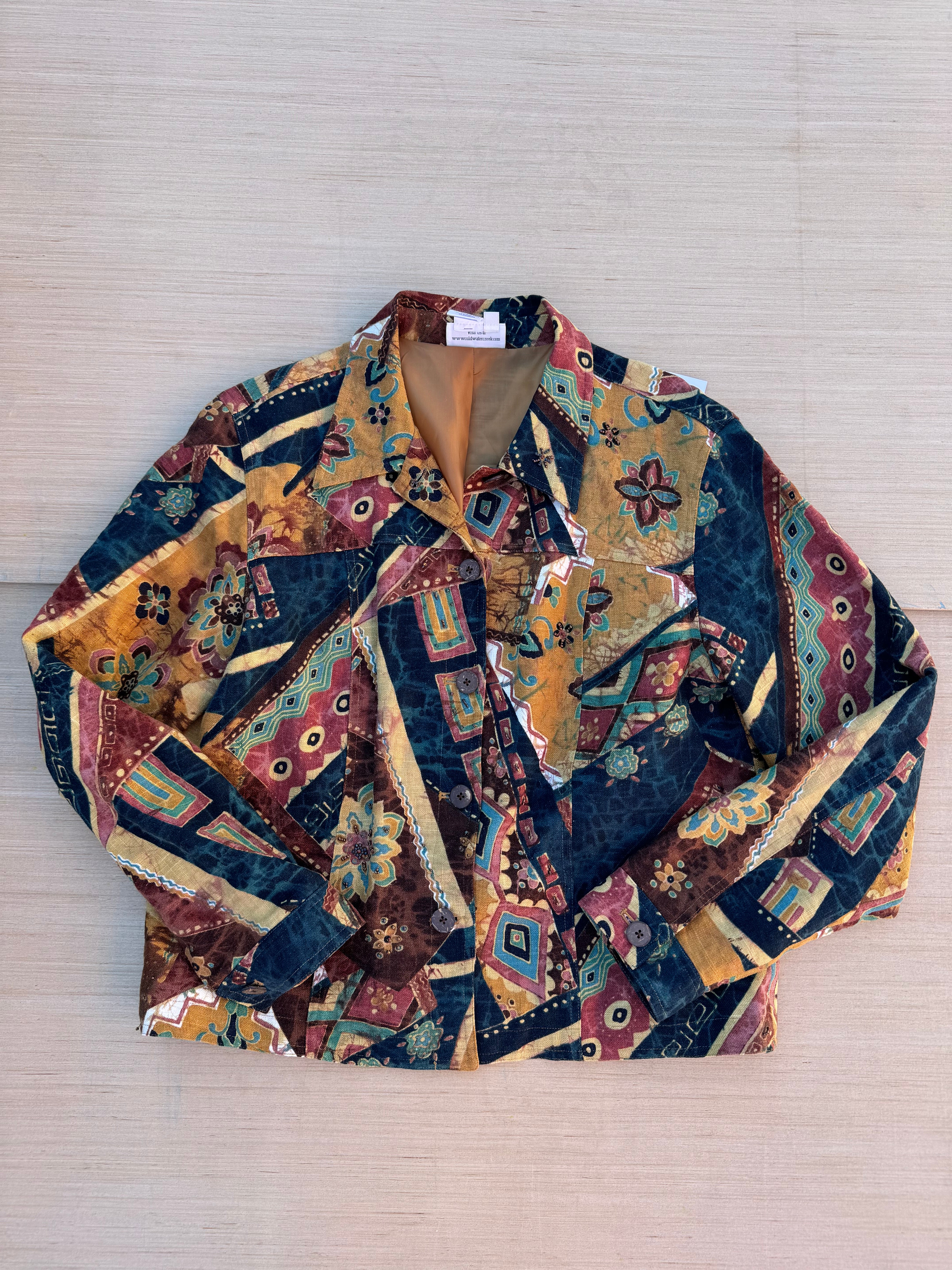 tan red coldwater creek funky printed jacket, m