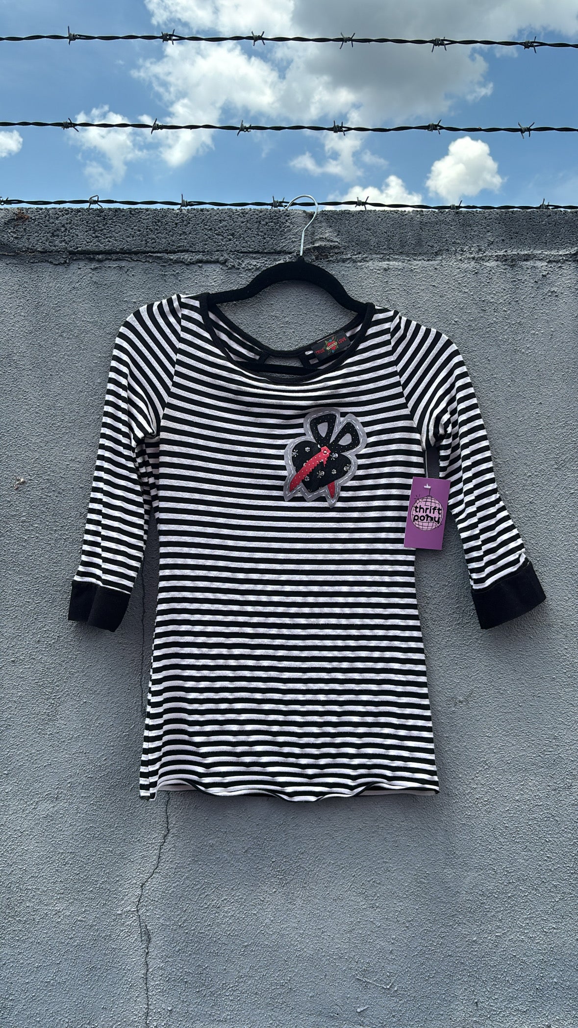 black and white true love stripey top with key hole, M