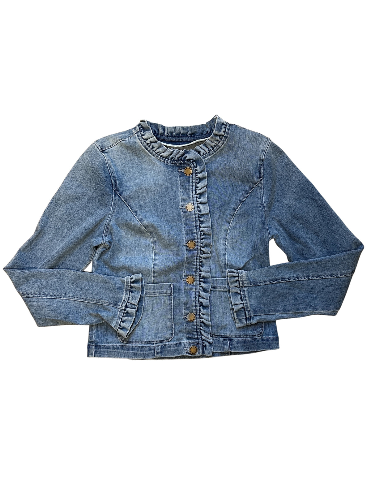 med wash draper james ruffle trim denim jacket, L