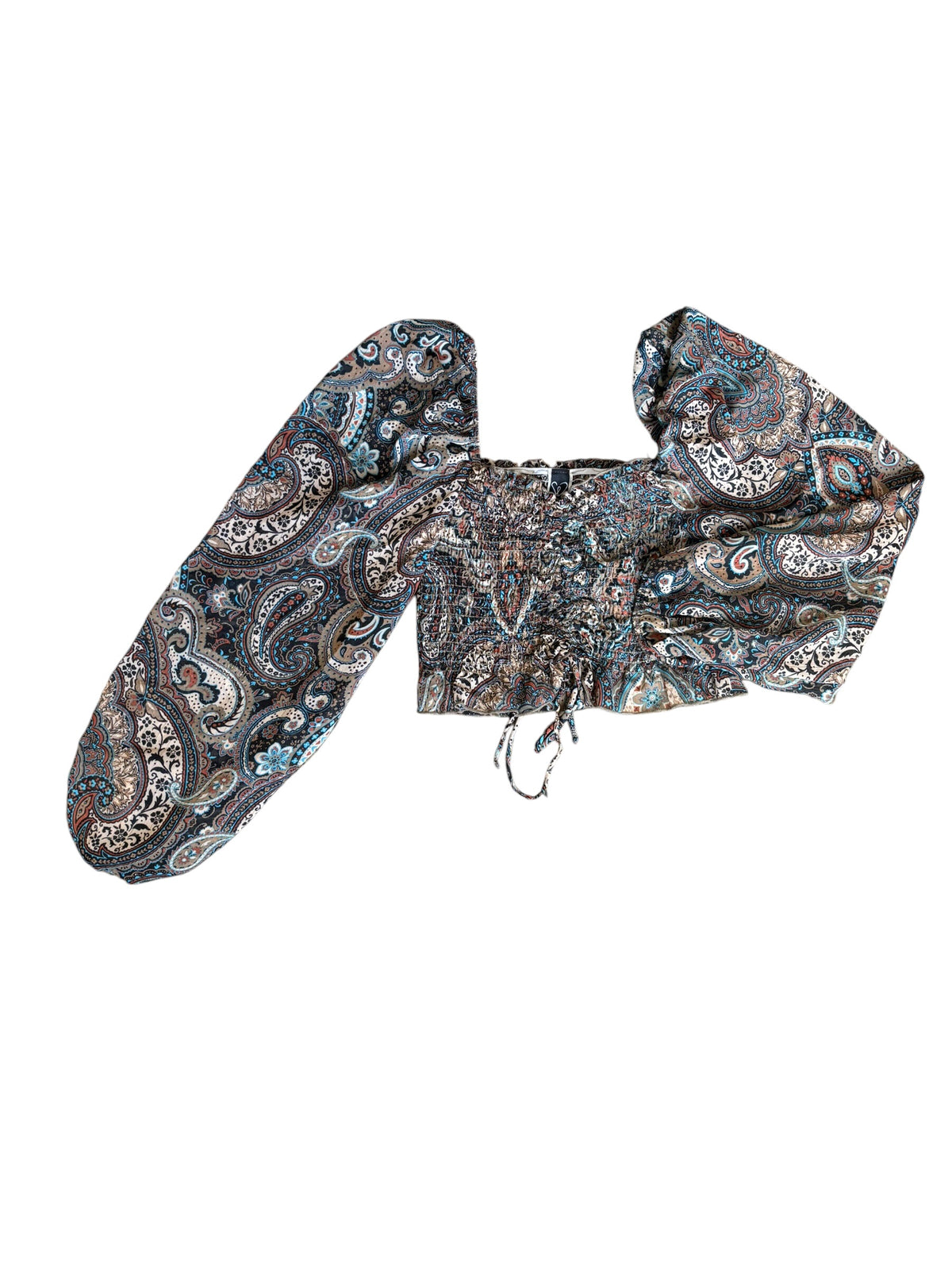 brown blue orange windsor paisley smocked long puff sleeve, s