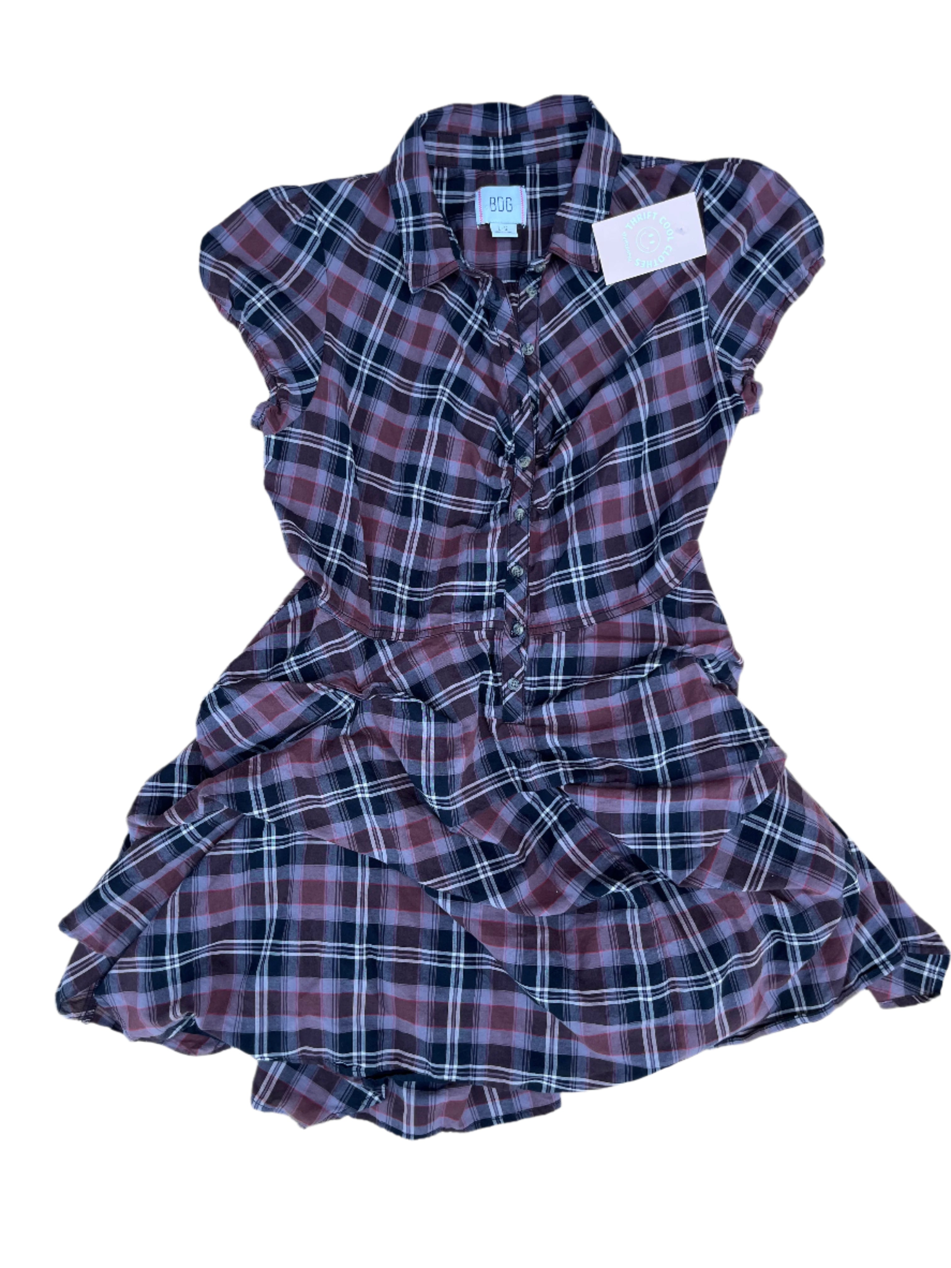burgundy bdg plaid ruffle collar dress, L