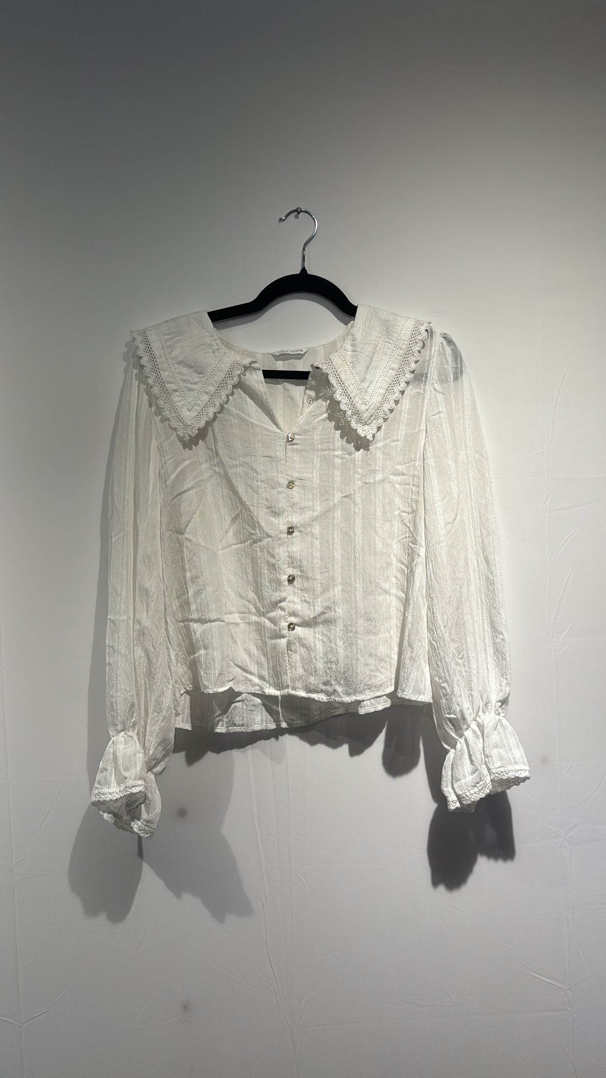 white zara sheer striped sailor collar ls, m