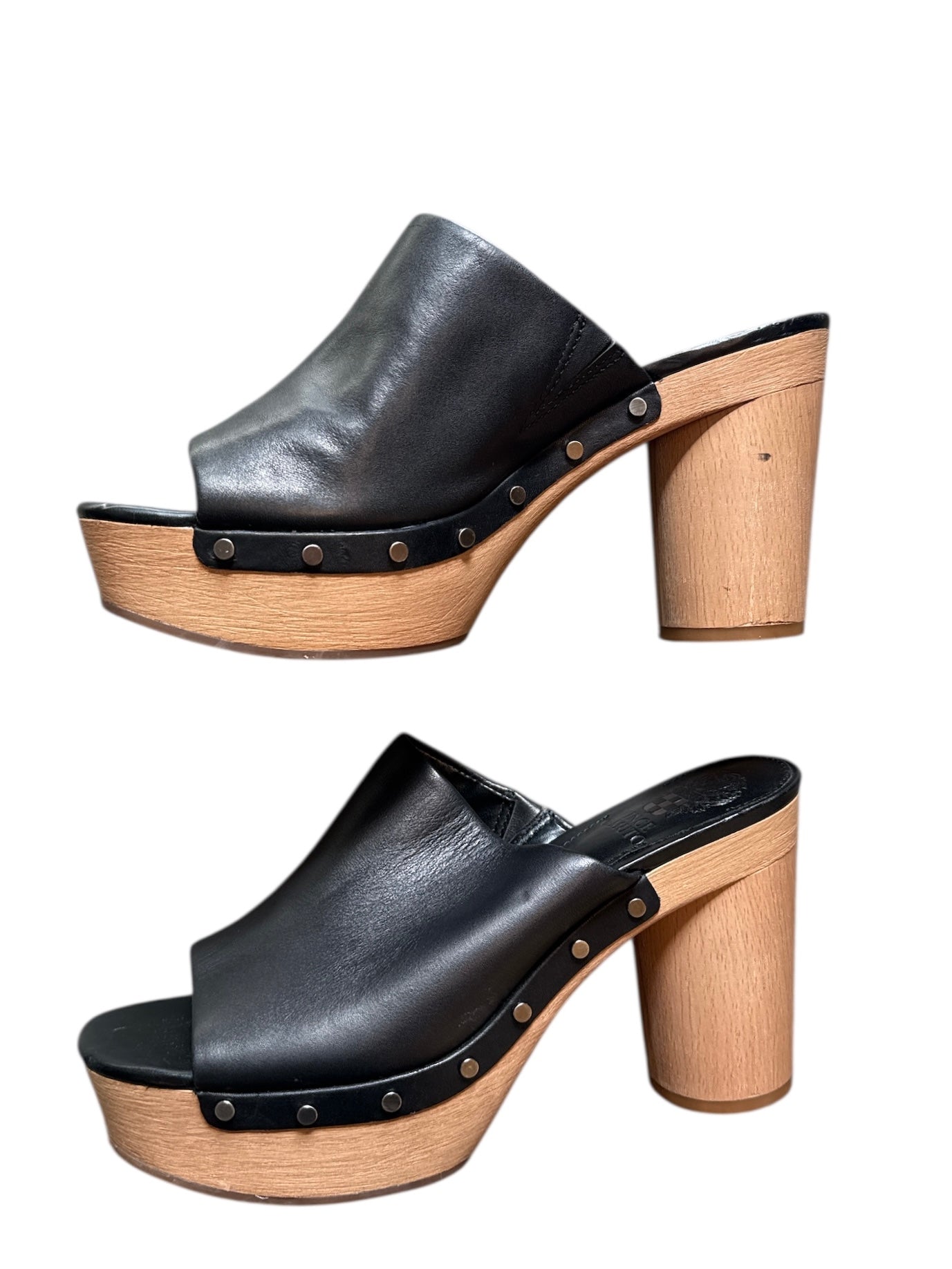 black vince camuto wooden heeled clogs, 7.5