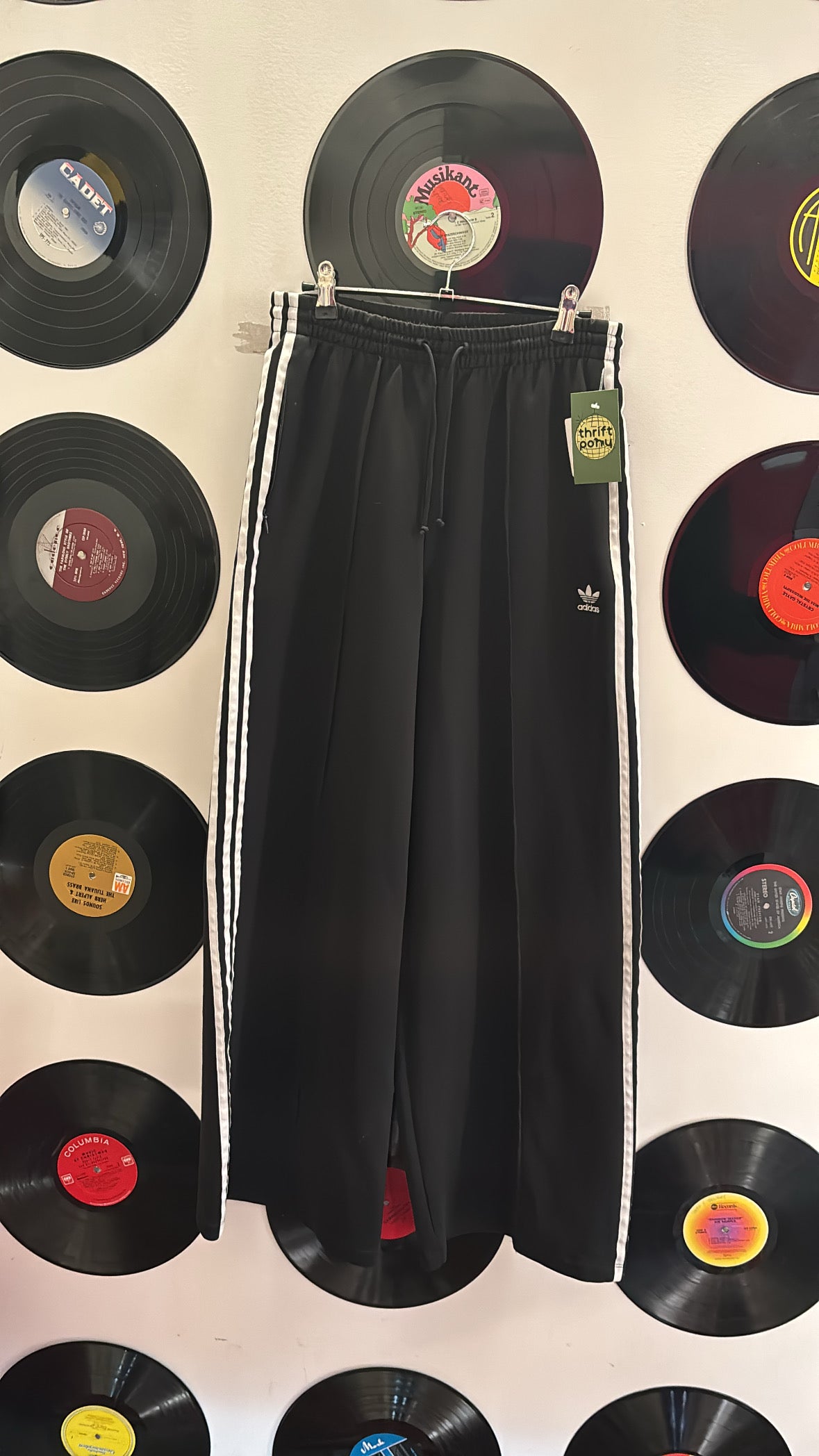 black white adidas wide leg track pants, s