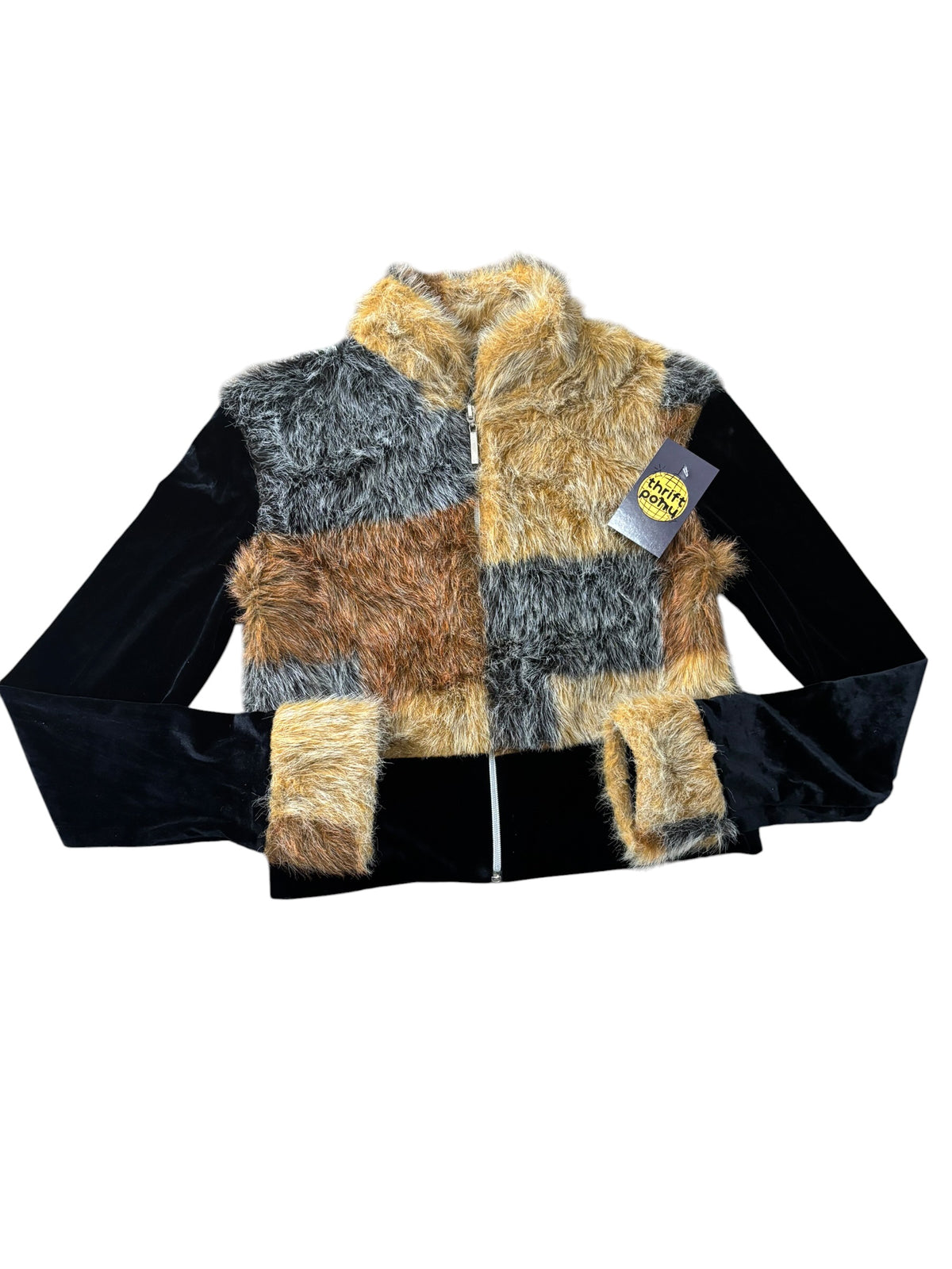 black brown  vtg furry zip jacket, xs/s