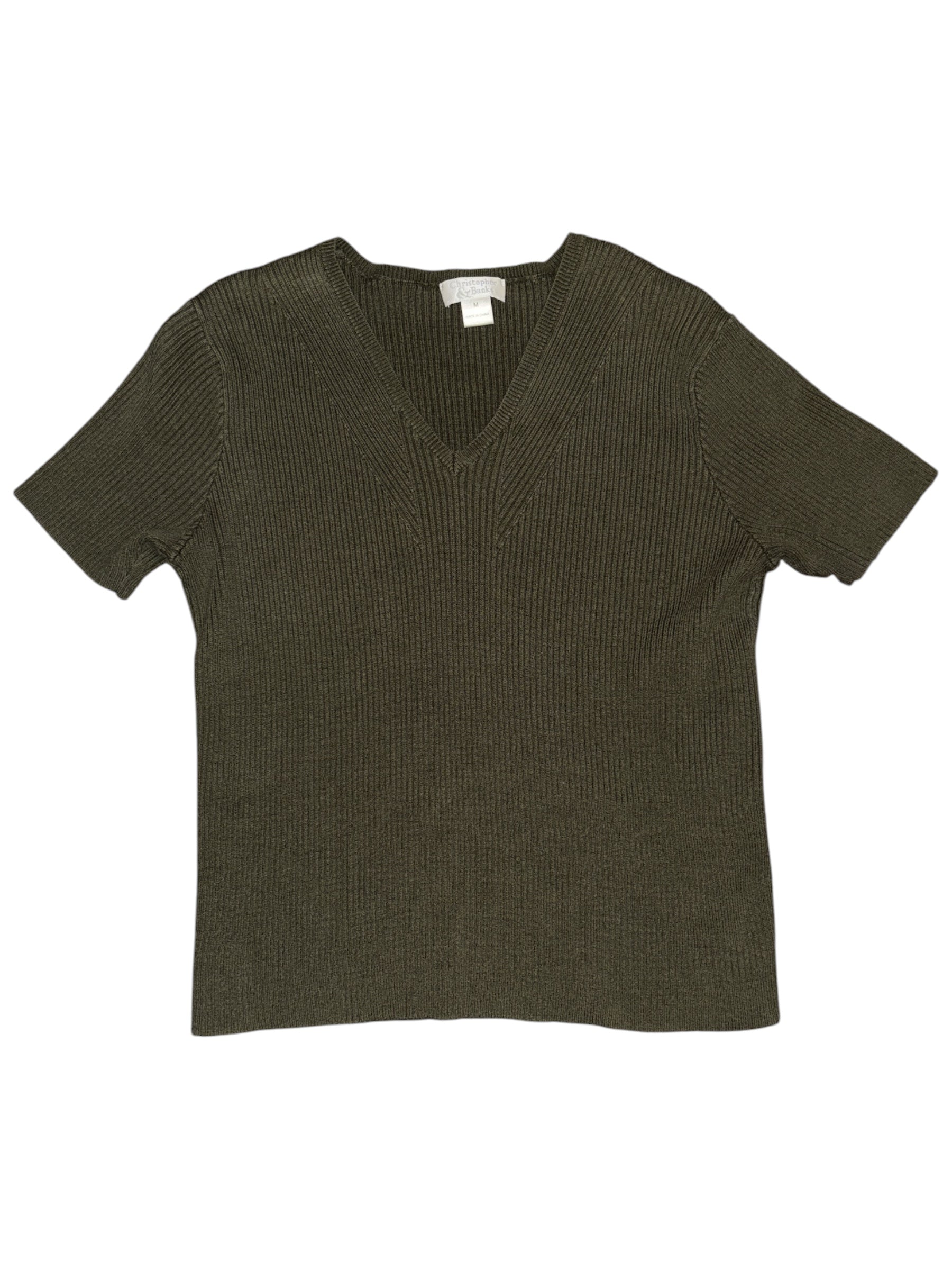 green christopher banks ss ribbed v neck top, m
