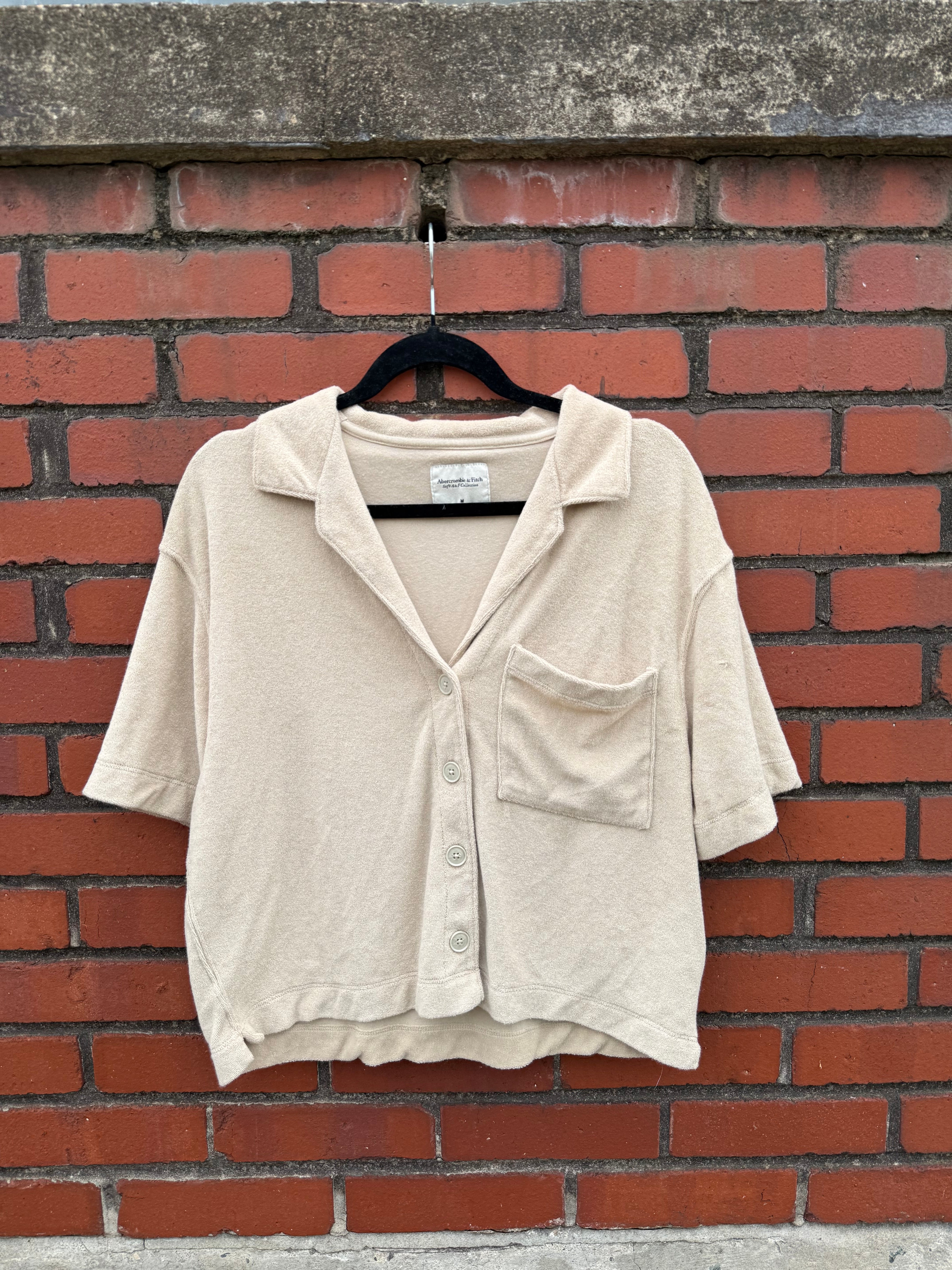 Tan abercrombie Terry cloth cropped button up, M