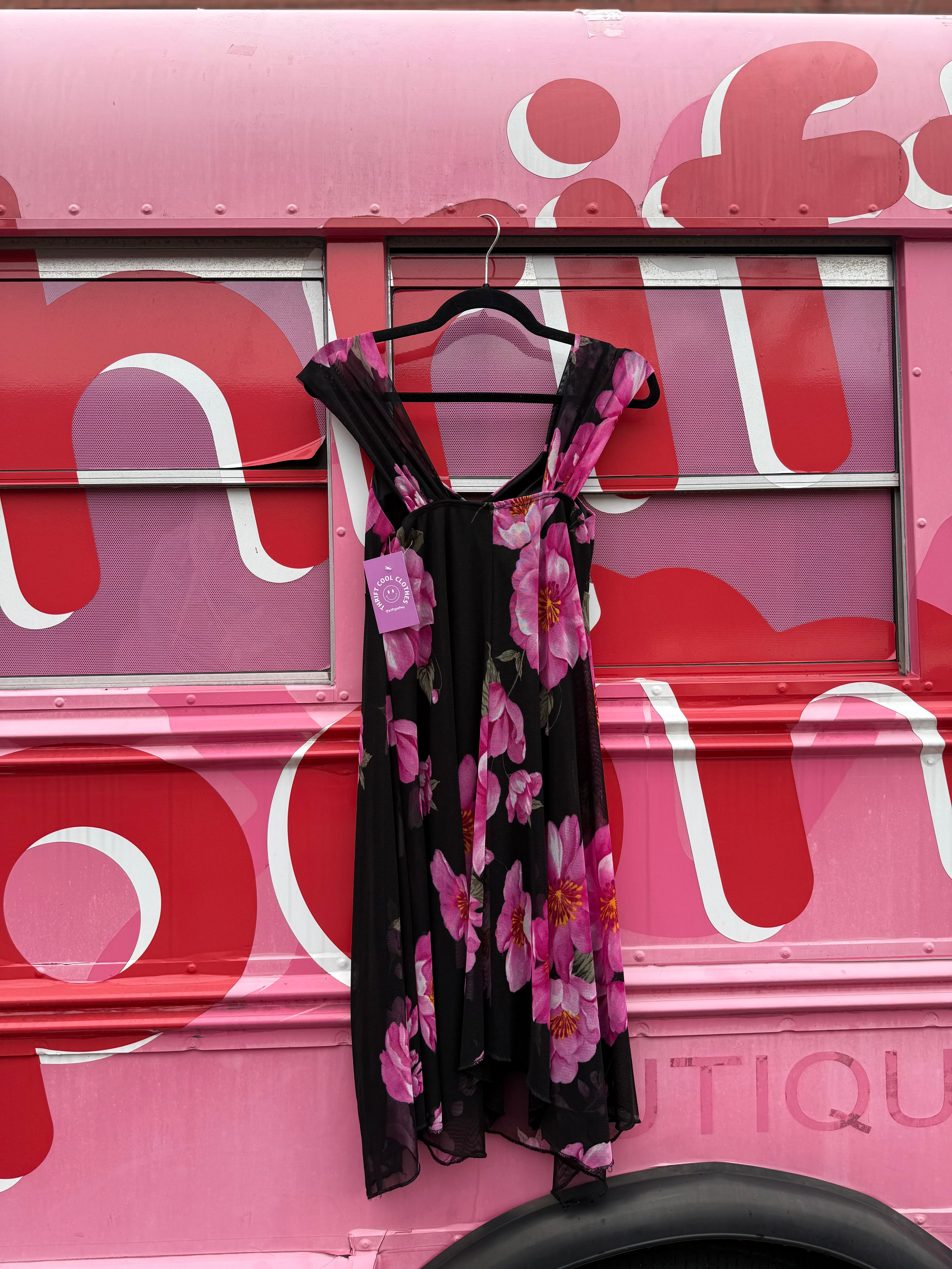 Black pink Kisses & hugs Floral mesh tanks dress, L
