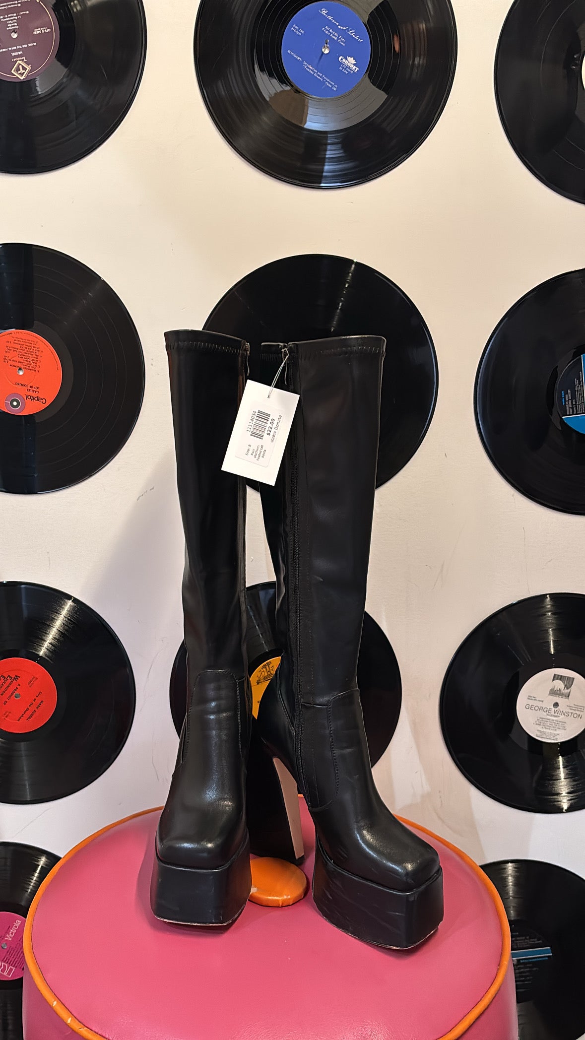 Black  platform heeled tall boots, 8