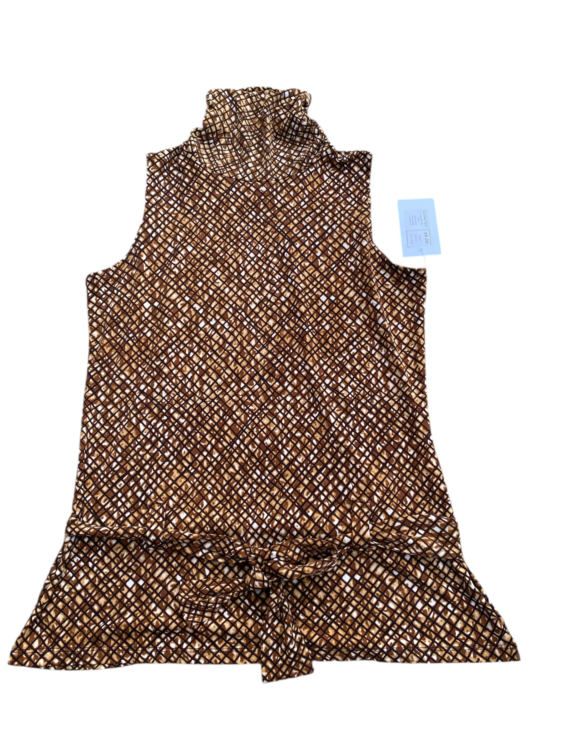 Brown August silk patterned sleeveless turtleneck, L