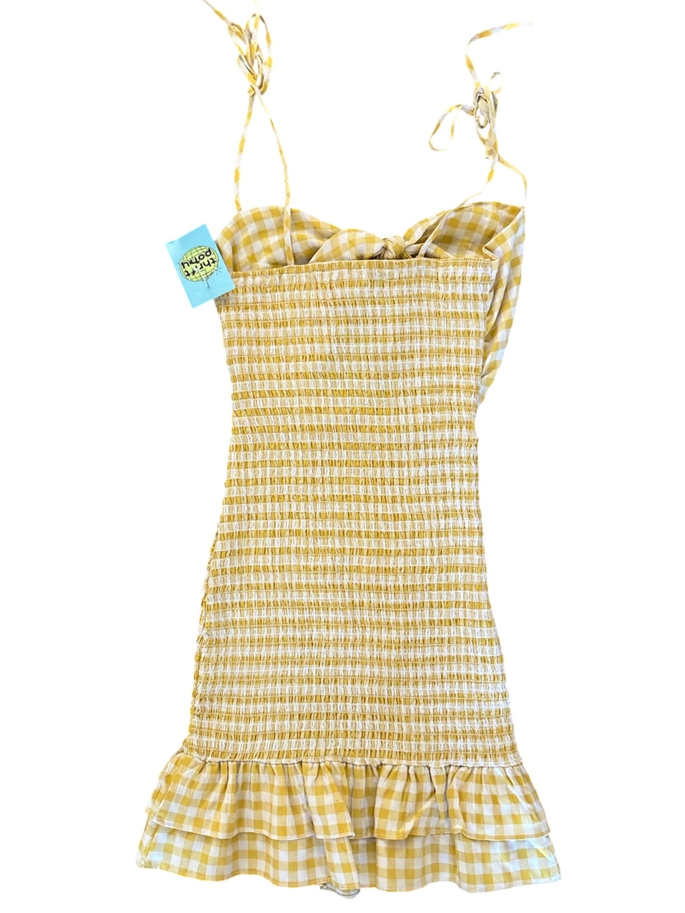 yellow white mable gingham cut out smocked cami mini dress, m