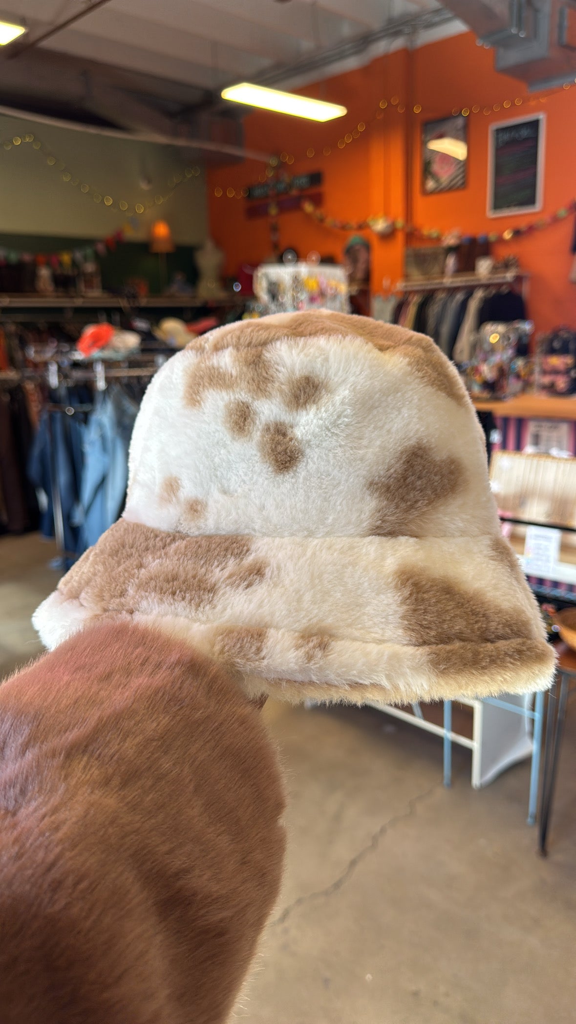 brown white ` animal print fuzzy bucket hat