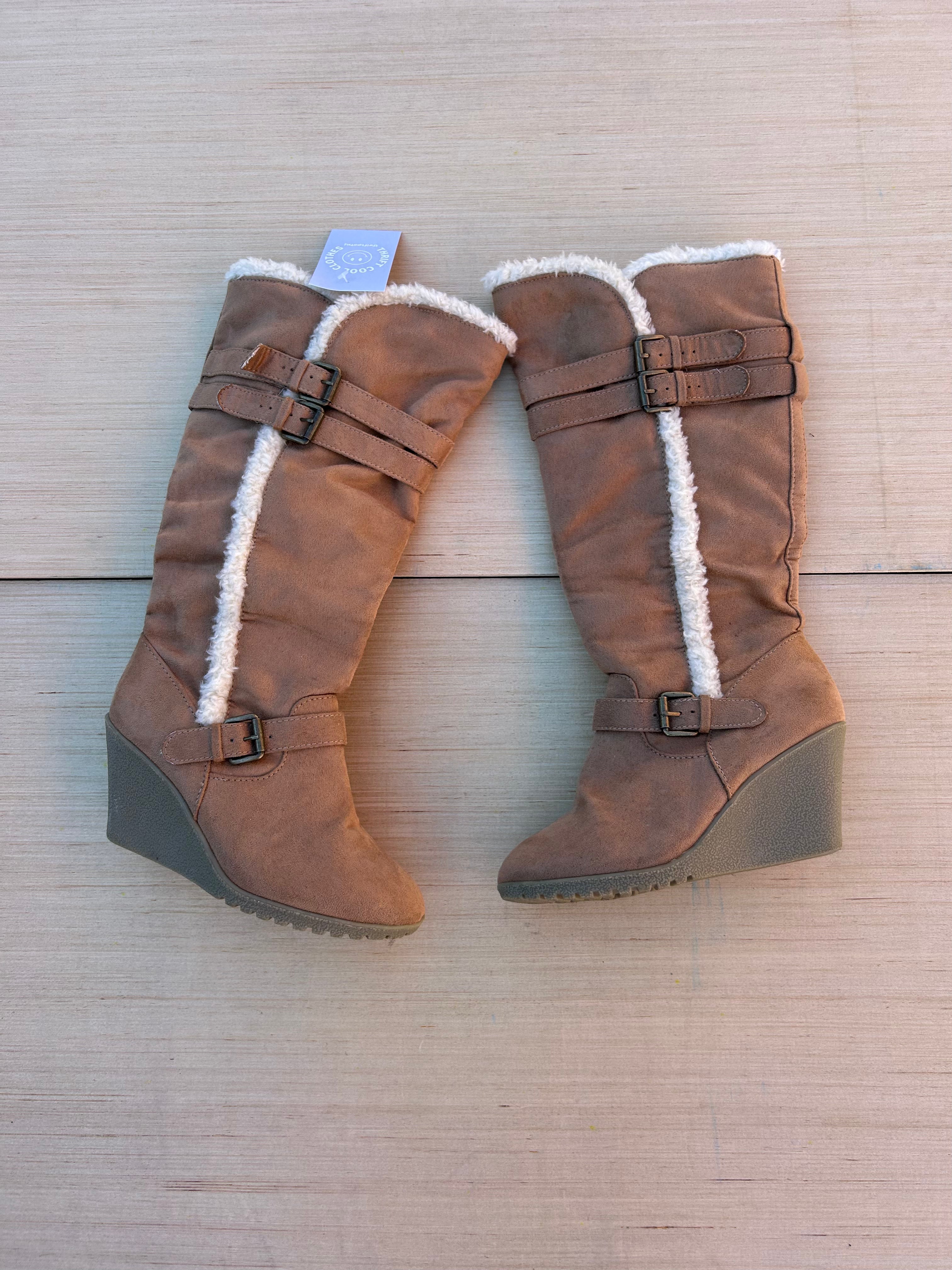 brown white  furry wedge boots, 7