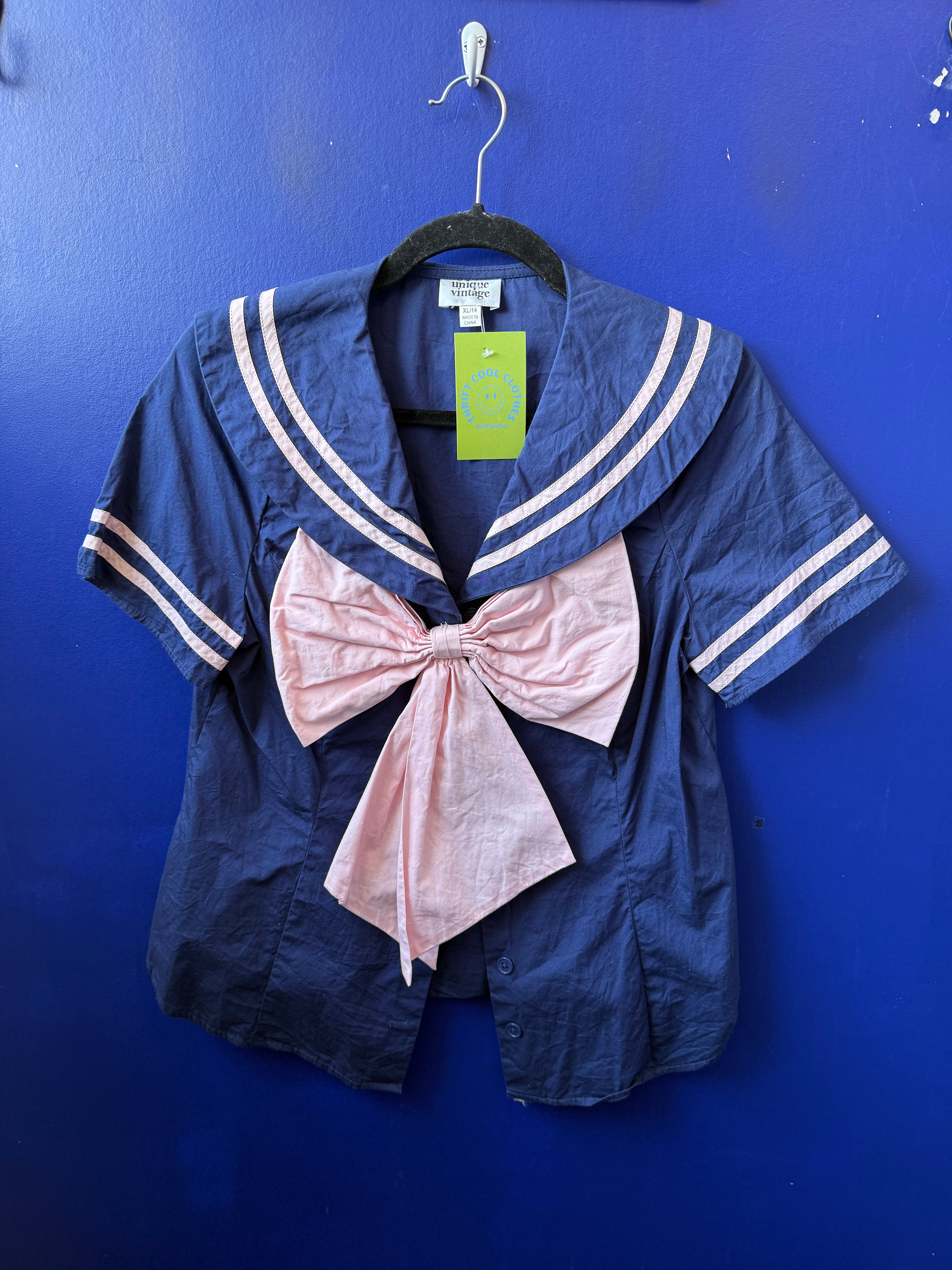 Navy pink Unique vintage Sailor top, Xl