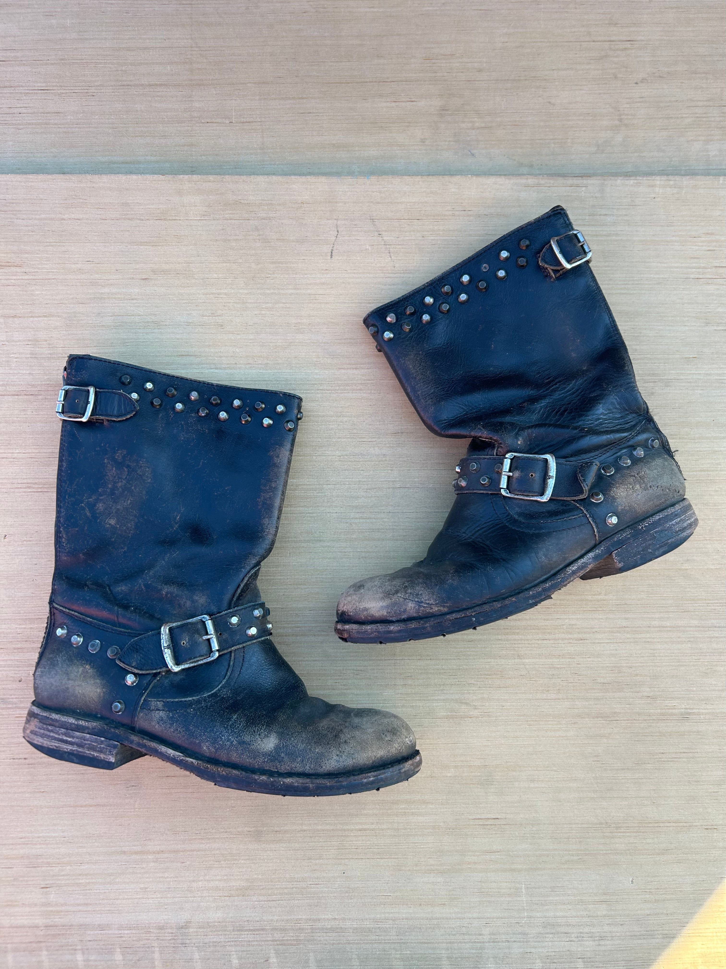 brown frye leather studded boots, 7.5