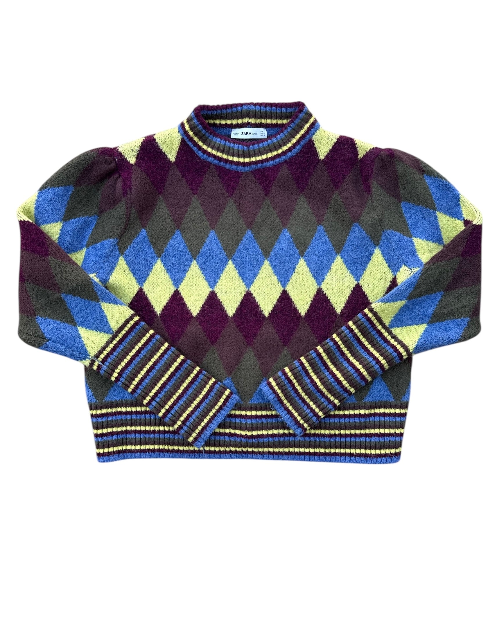 Brown blue yellow Zara Argyle sweater, L