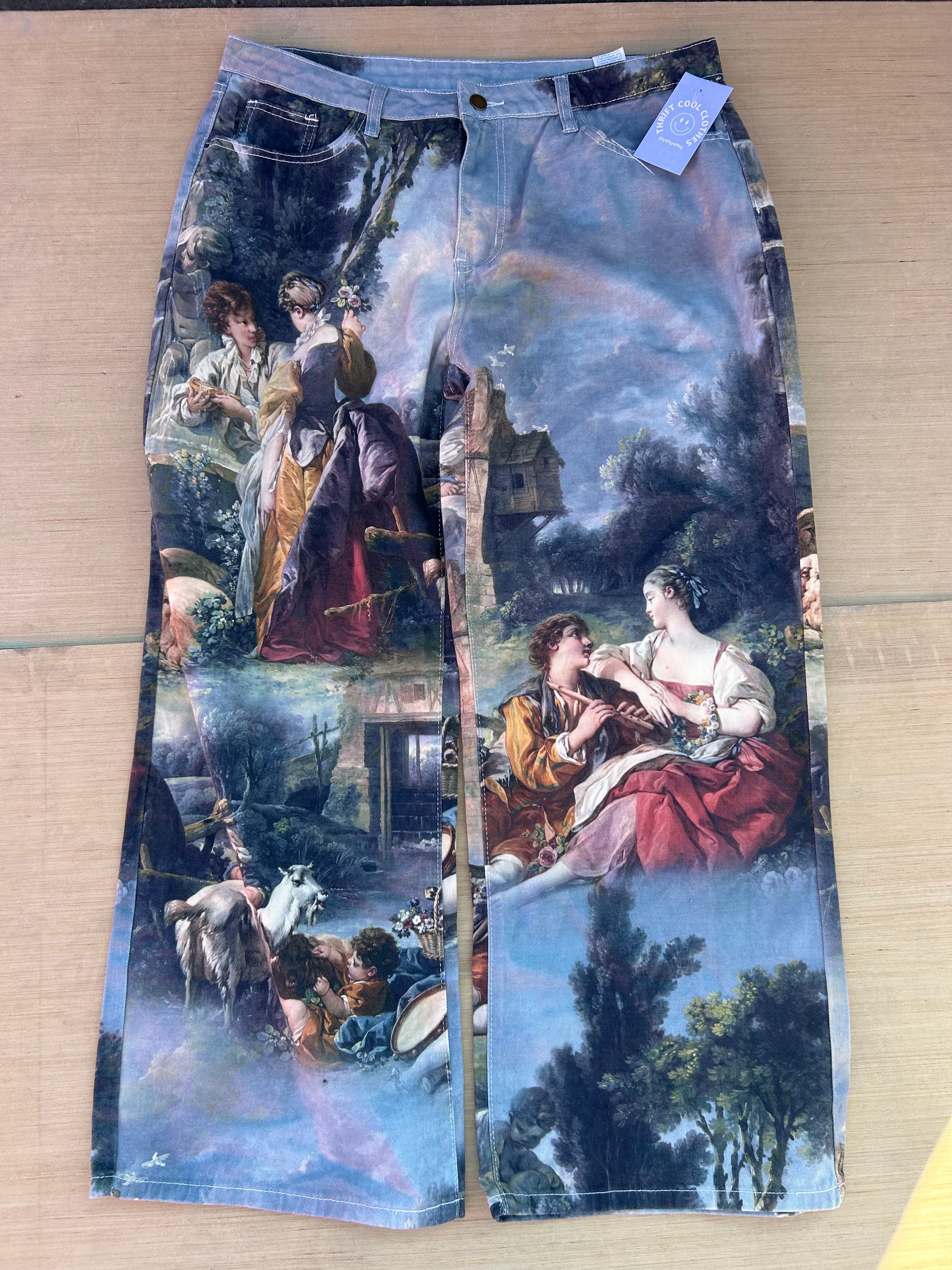 blue shein sisteen chapel print pants, XL