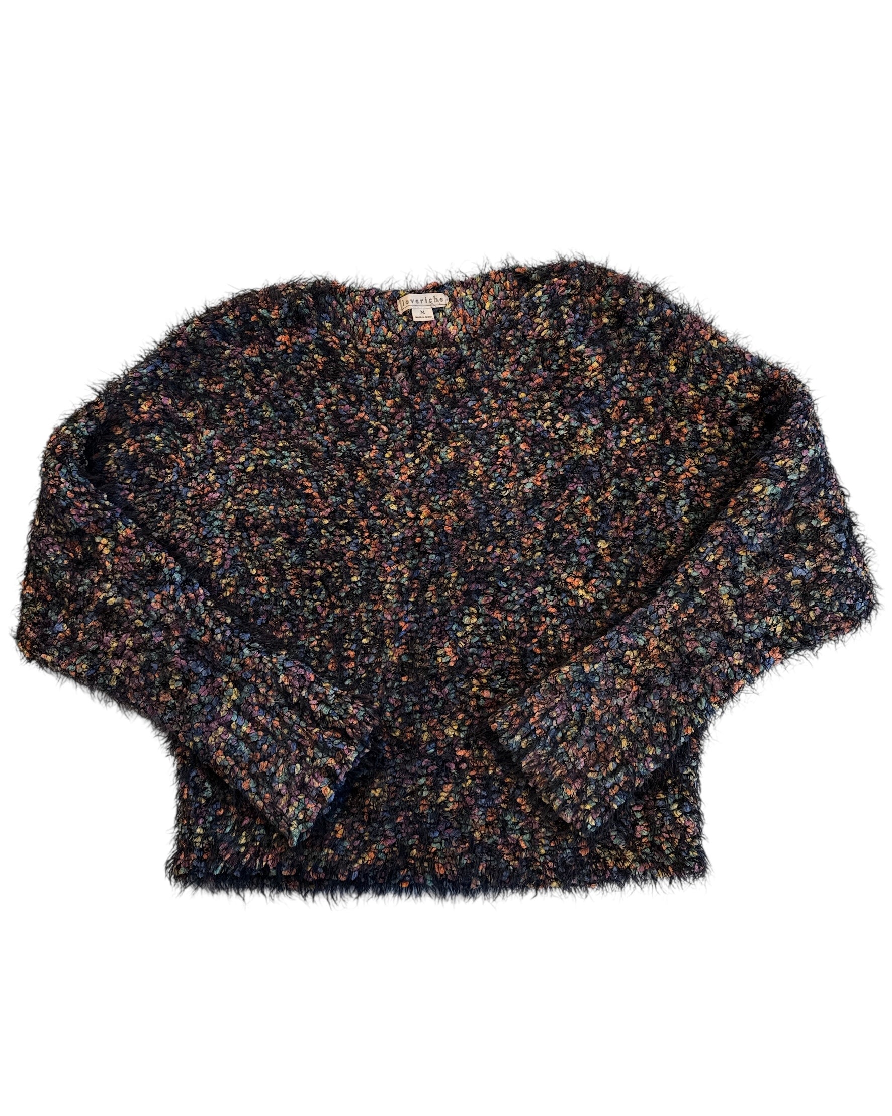 multi black loveriche textured furry sweater, m