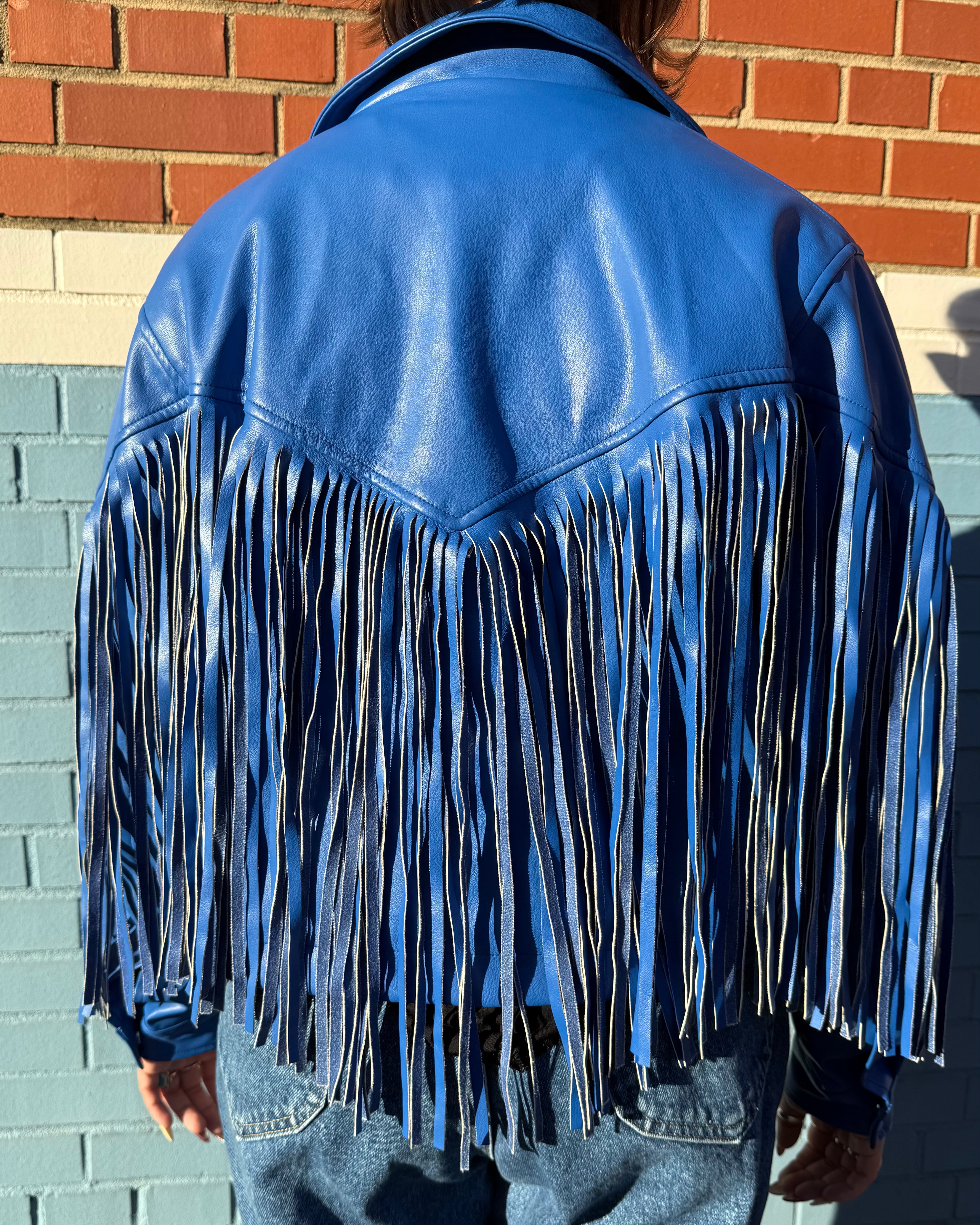 blue nasty gal fringe jacket, m