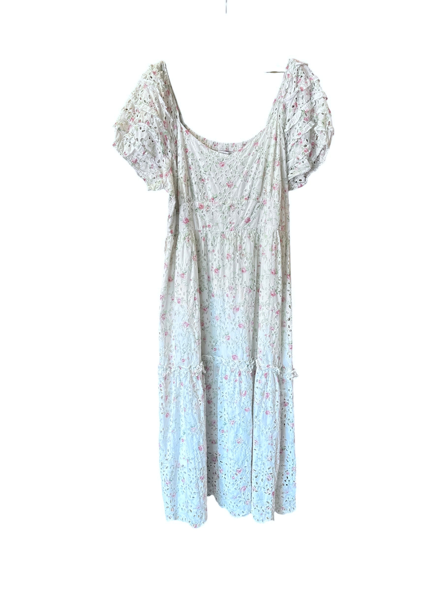 white pink green love shack fancy target floral eyelet maxi dress, 20w