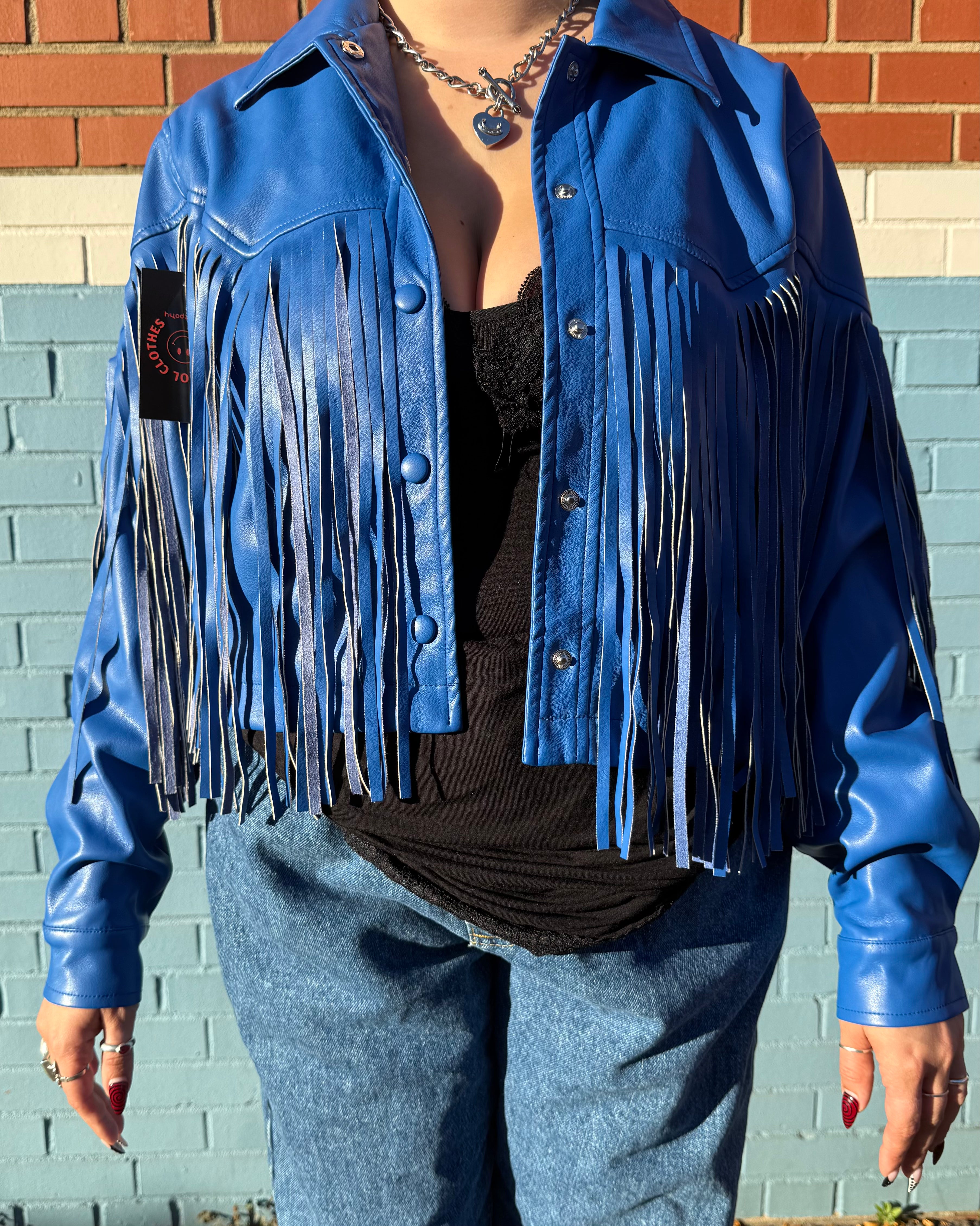 blue nasty gal fringe jacket, m