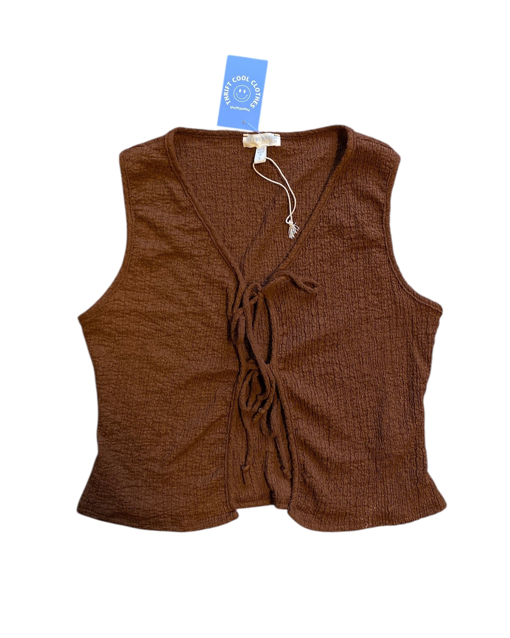 brown see you monday tie front tank, L