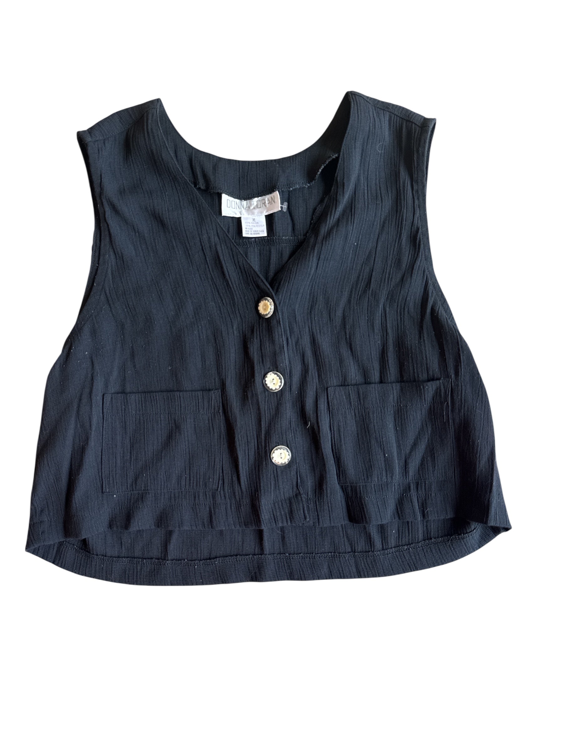 Black Donna toran Vest w floral button, Xl