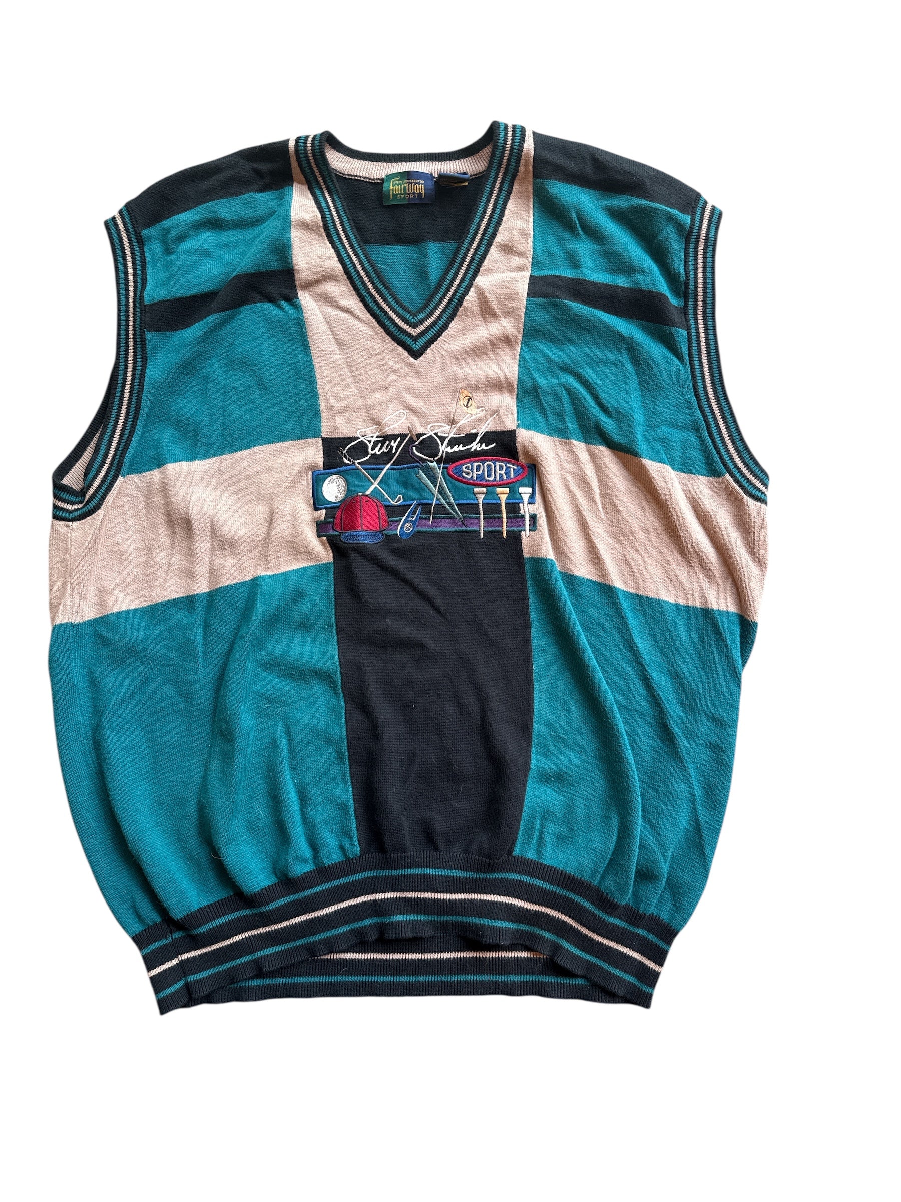 teal tan blakc fairway striped sport sweater vest, L