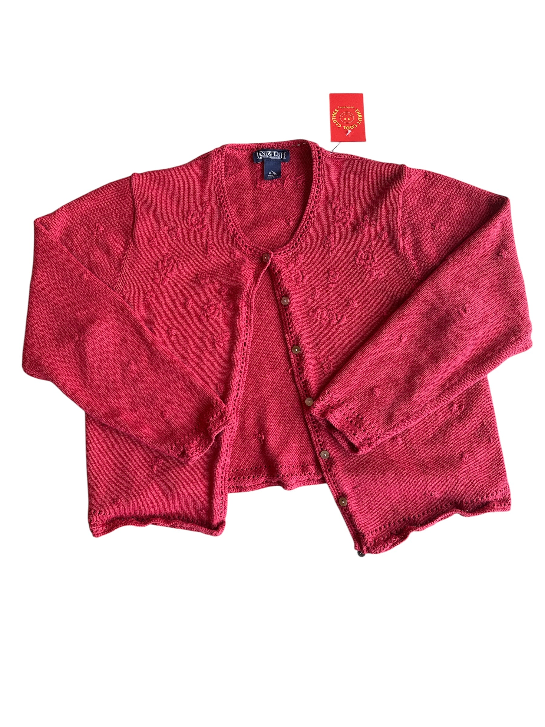 red lands end floral embroider sweater, L