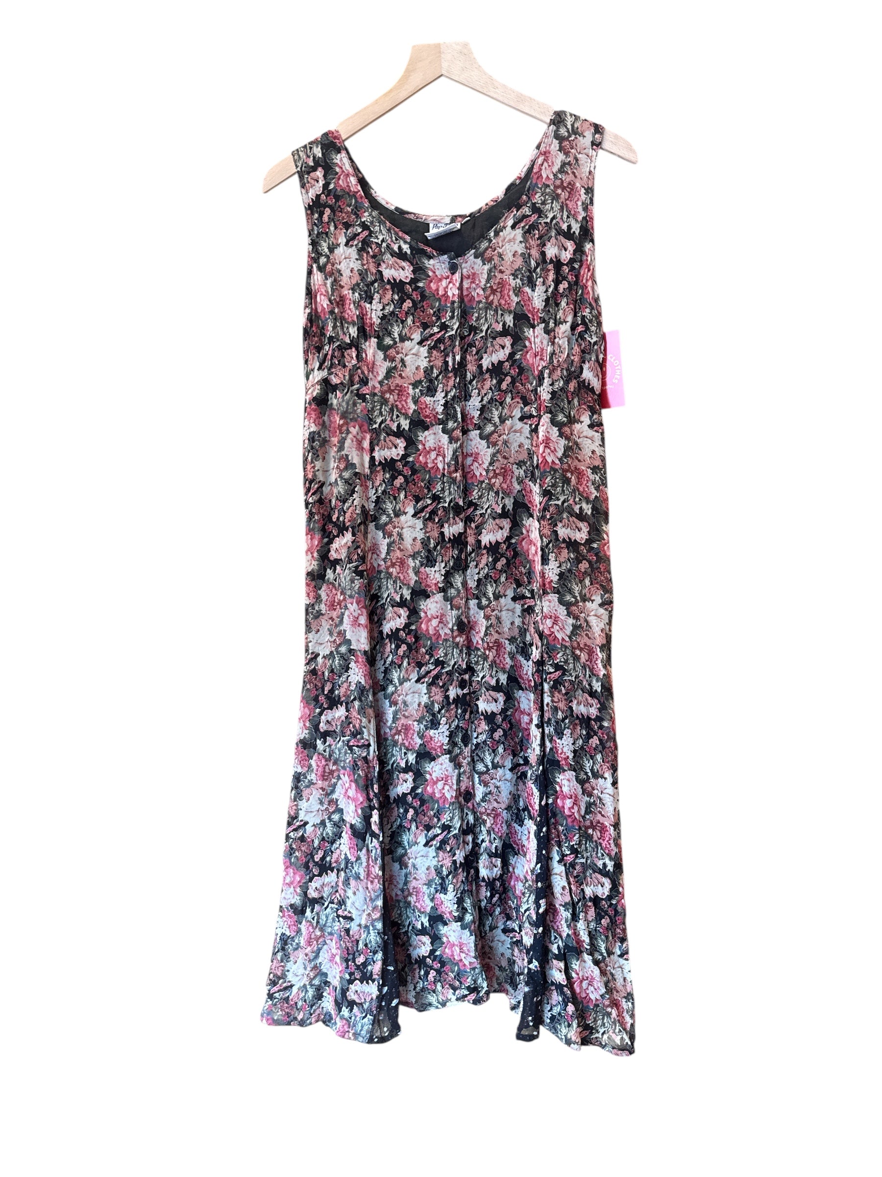 black pink papillon vtg floral dress w pleats, s