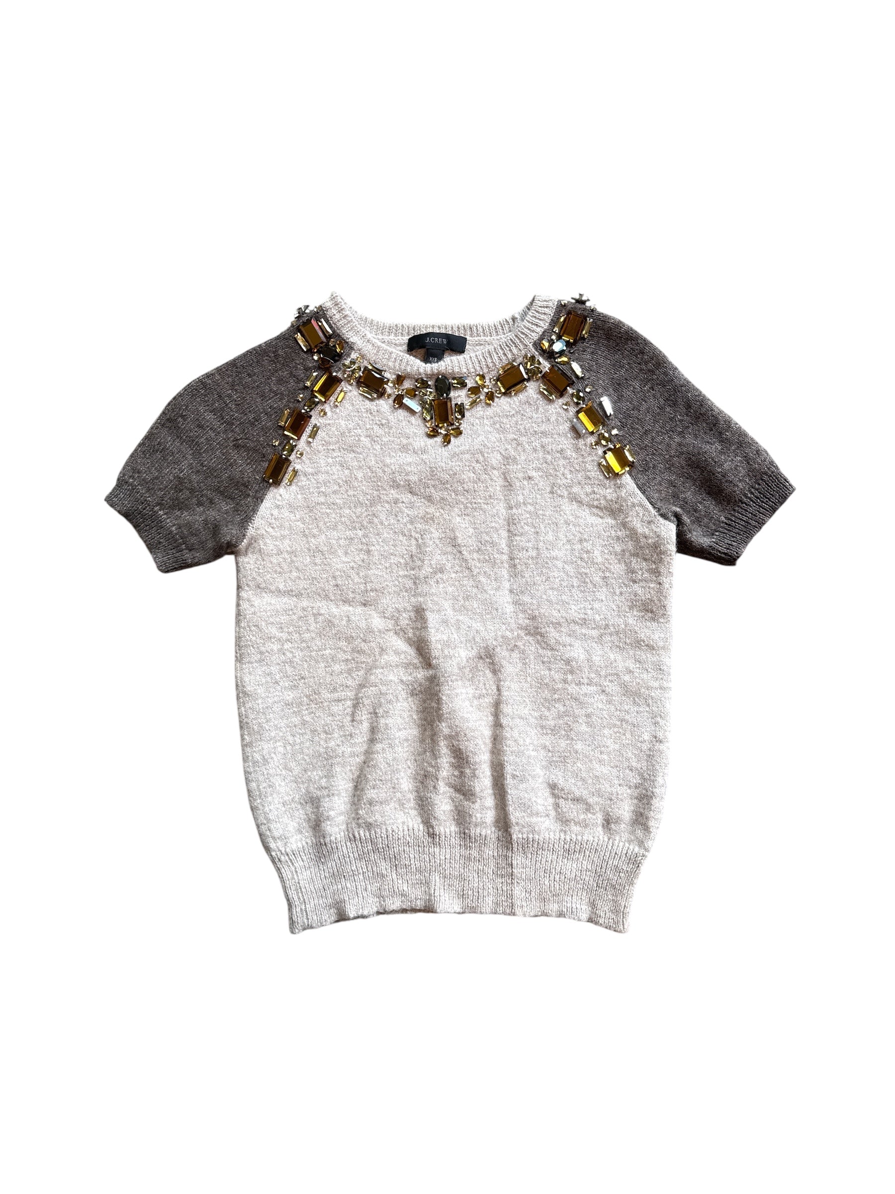 brown nude j crew knit bedazzled top, xxs