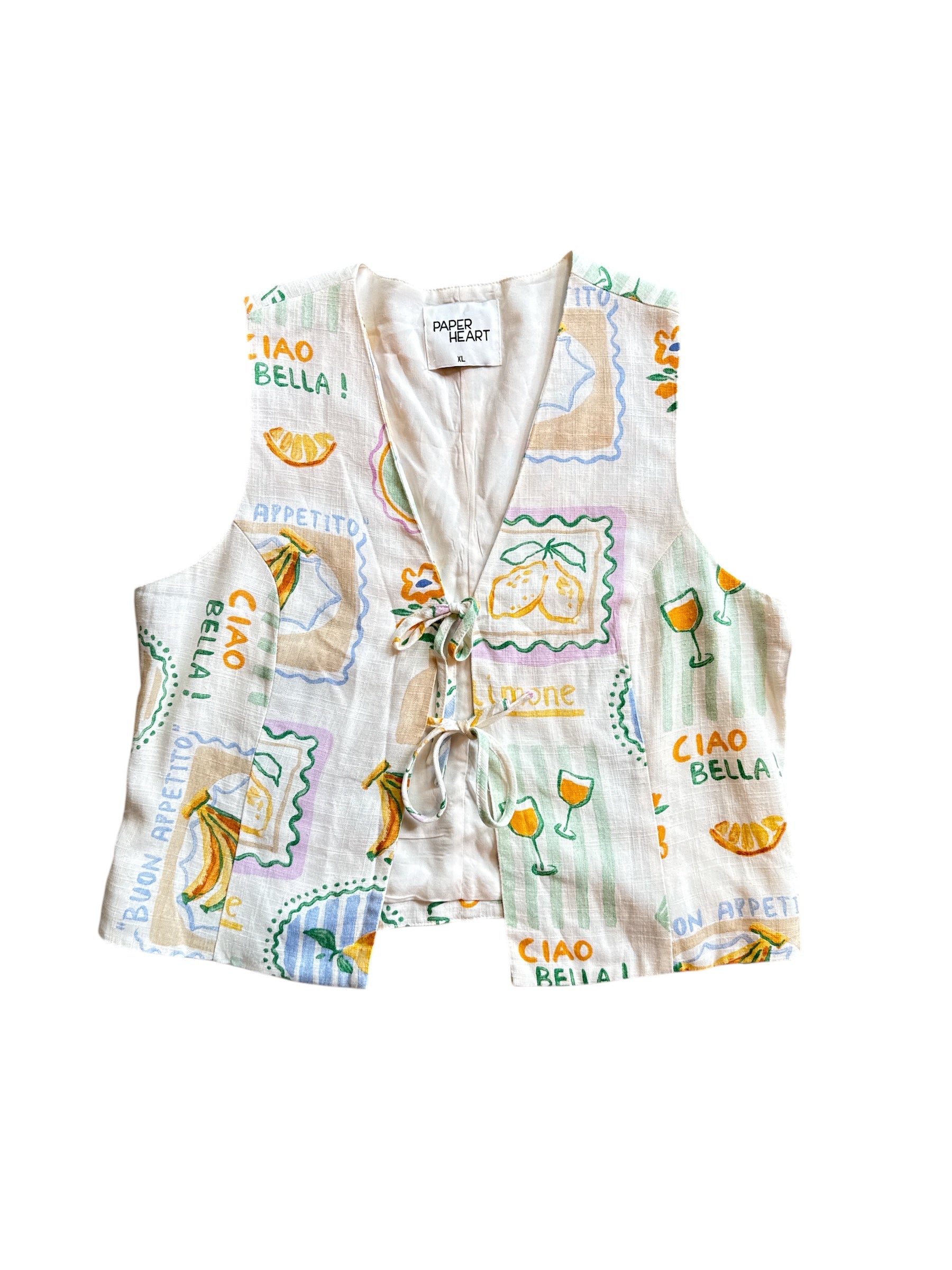 white paper heart italian tie front top, xl